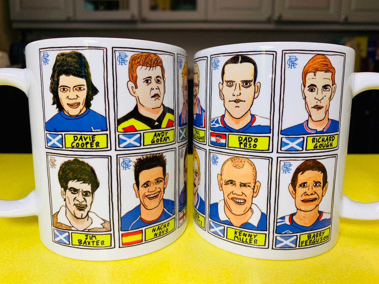 Rangers Volume 1 No Score Draws Mug Set - Set of TWO 11oz Ceramic Mugs with Wonky Panini sticker-style Rangers FC No Score Draws Doodles