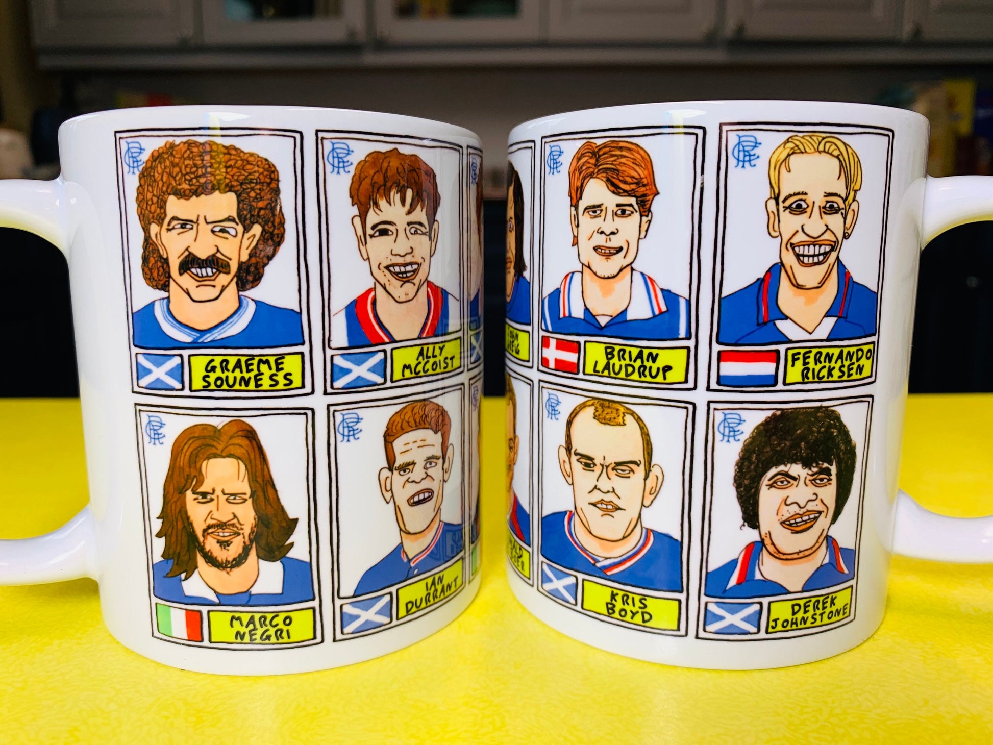 Rangers Volume 1 No Score Draws Mug Set - Set of TWO 11oz Ceramic Mugs with Wonky Panini sticker-style Rangers FC No Score Draws Doodles