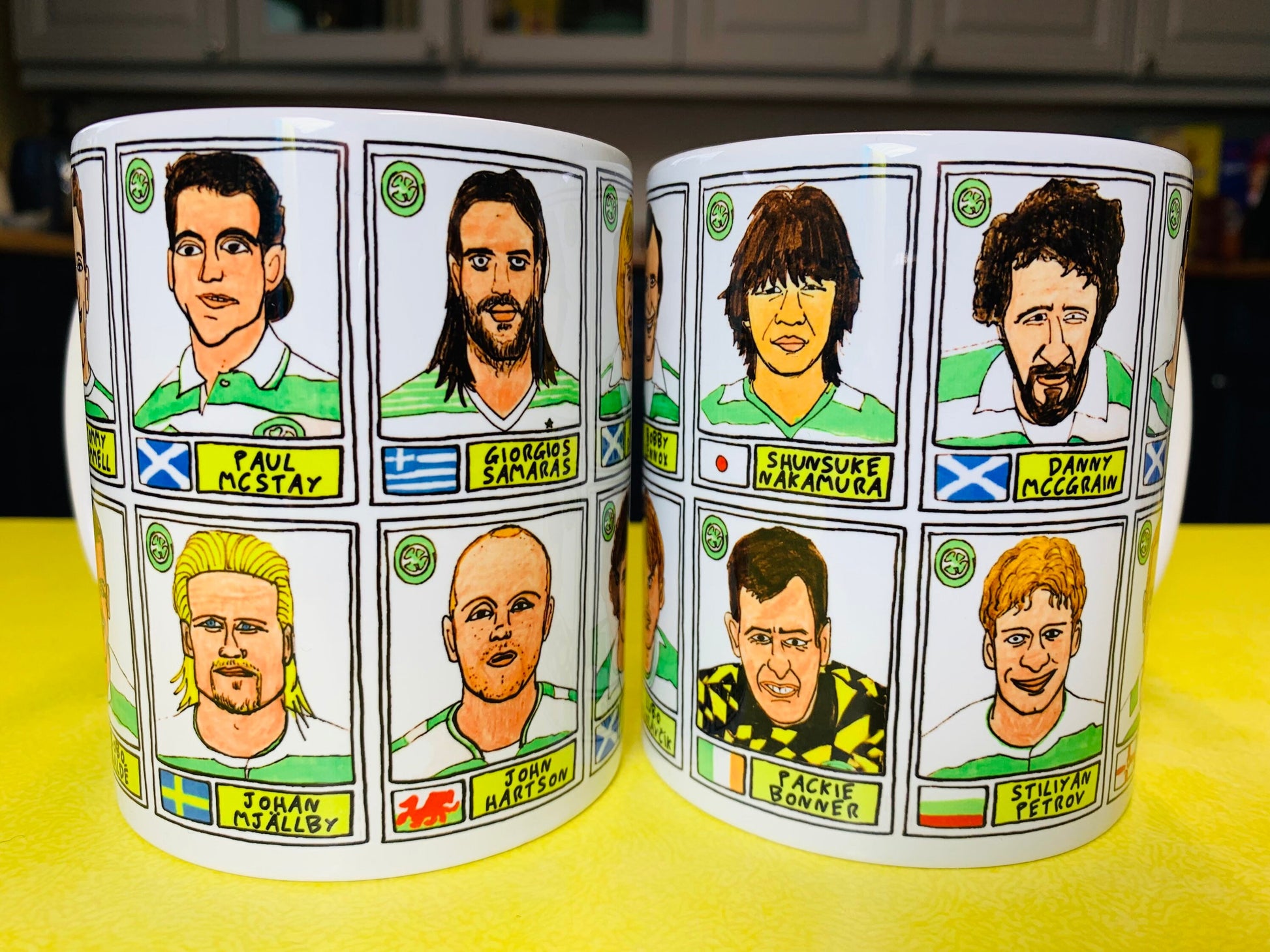 Celtic Volume 1 No Score Draws Mug Set - Set of TWO 11oz Ceramic Mugs with Wonky Panini sticker-style No Score Draws Doodles of Celtic icons