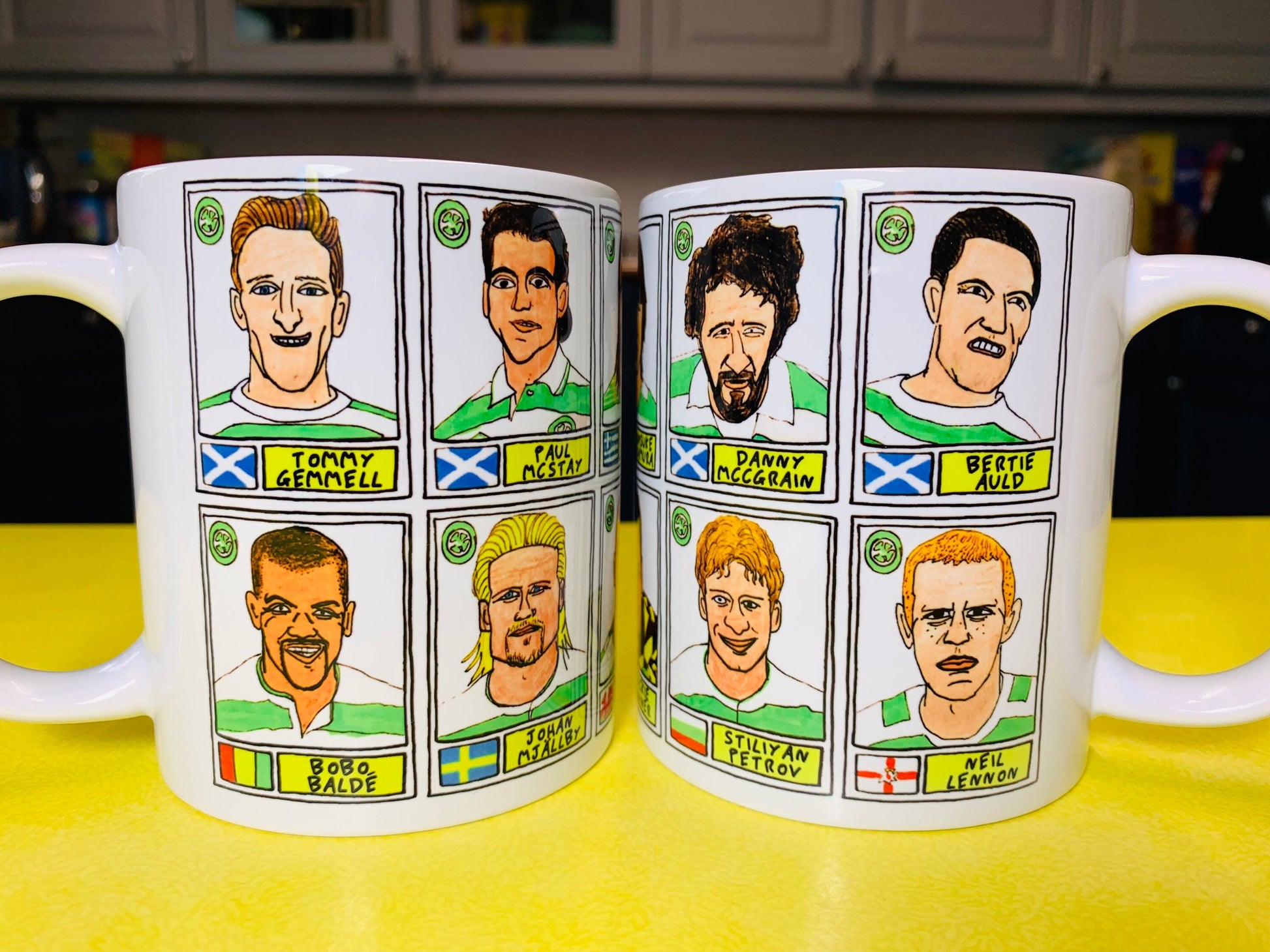 Celtic Volume 1 No Score Draws Mug Set - Set of TWO 11oz Ceramic Mugs with Wonky Panini sticker-style No Score Draws Doodles of Celtic icons