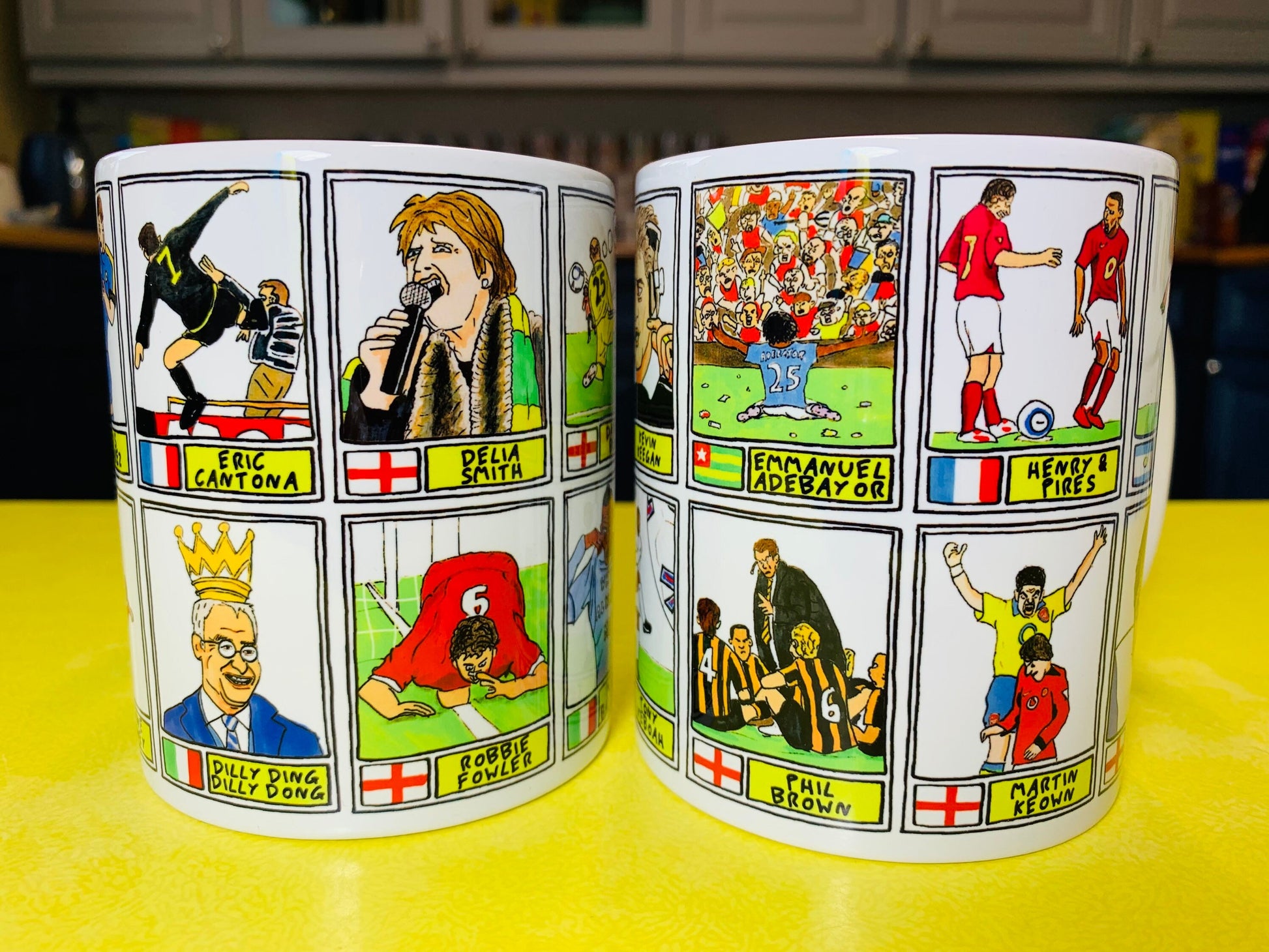 EPL Moments No Score Draws Mug Set - Set of TWO 11oz Ceramic Mugs with Wonky Panini sticker-style EPL icons drawn by No Score Draws Doodles