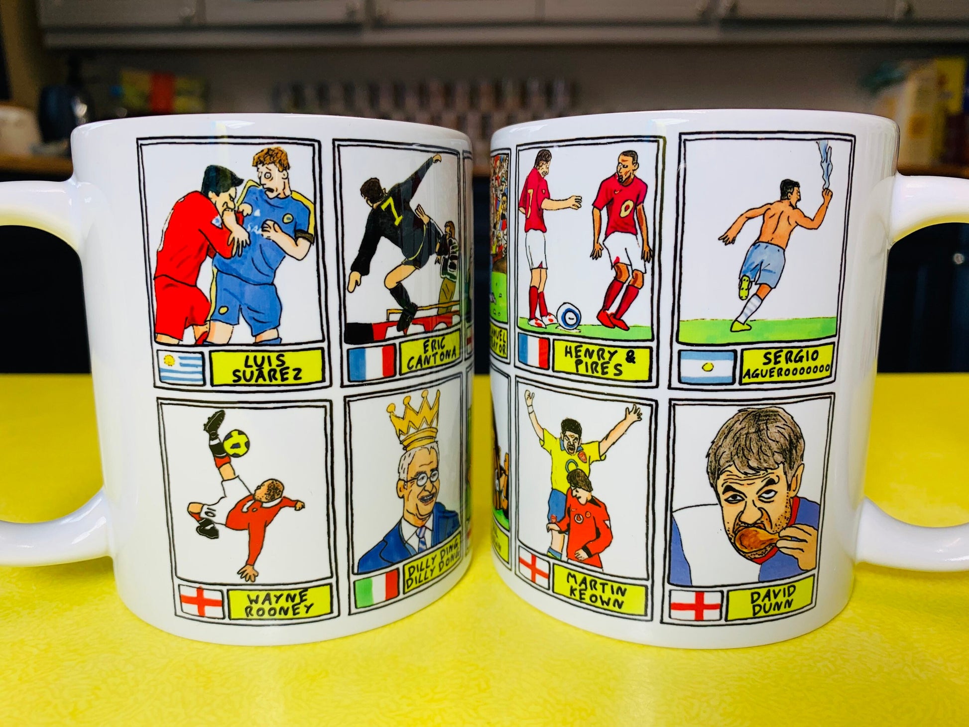 EPL Moments No Score Draws Mug Set - Set of TWO 11oz Ceramic Mugs with Wonky Panini sticker-style EPL icons drawn by No Score Draws Doodles