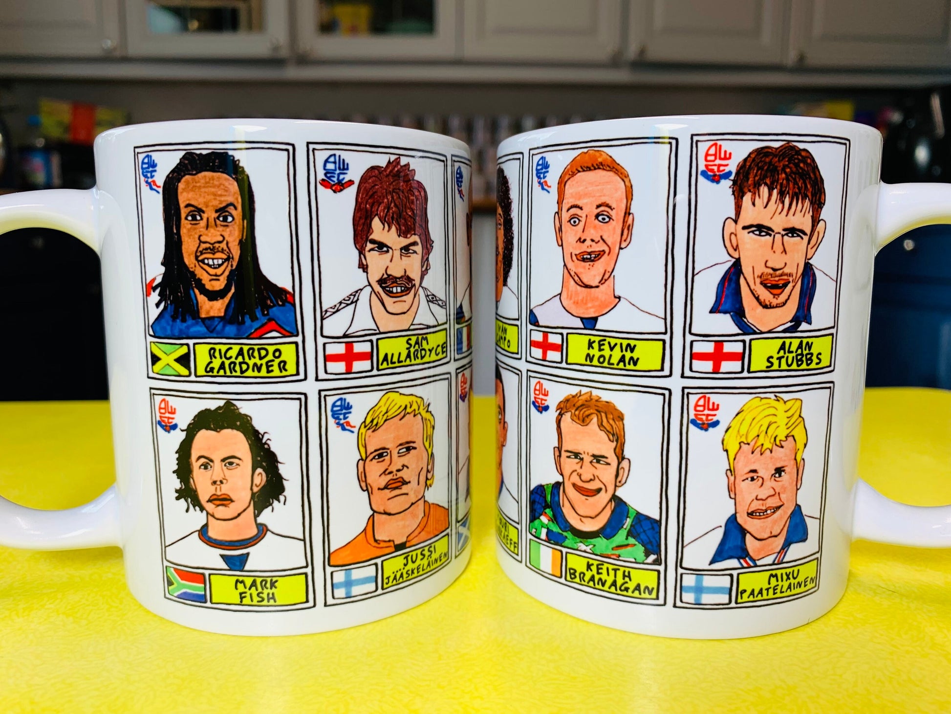 Bolton Wanderers No Score Draws Mug Set - Set of TWO 11oz Ceramic Mugs with Wonky Panini sticker-style No Score Draws Doodles of BWFC icons
