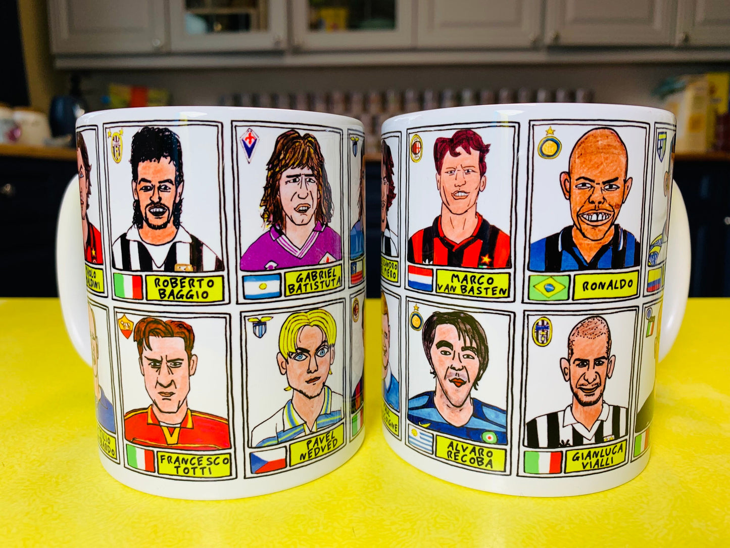 Football Italia No Score Draws Mug Set - Set of TWO 11oz Ceramic Mugs with Wonky Panini sticker-style 90s Serie 'A' No Score Draws Doodles