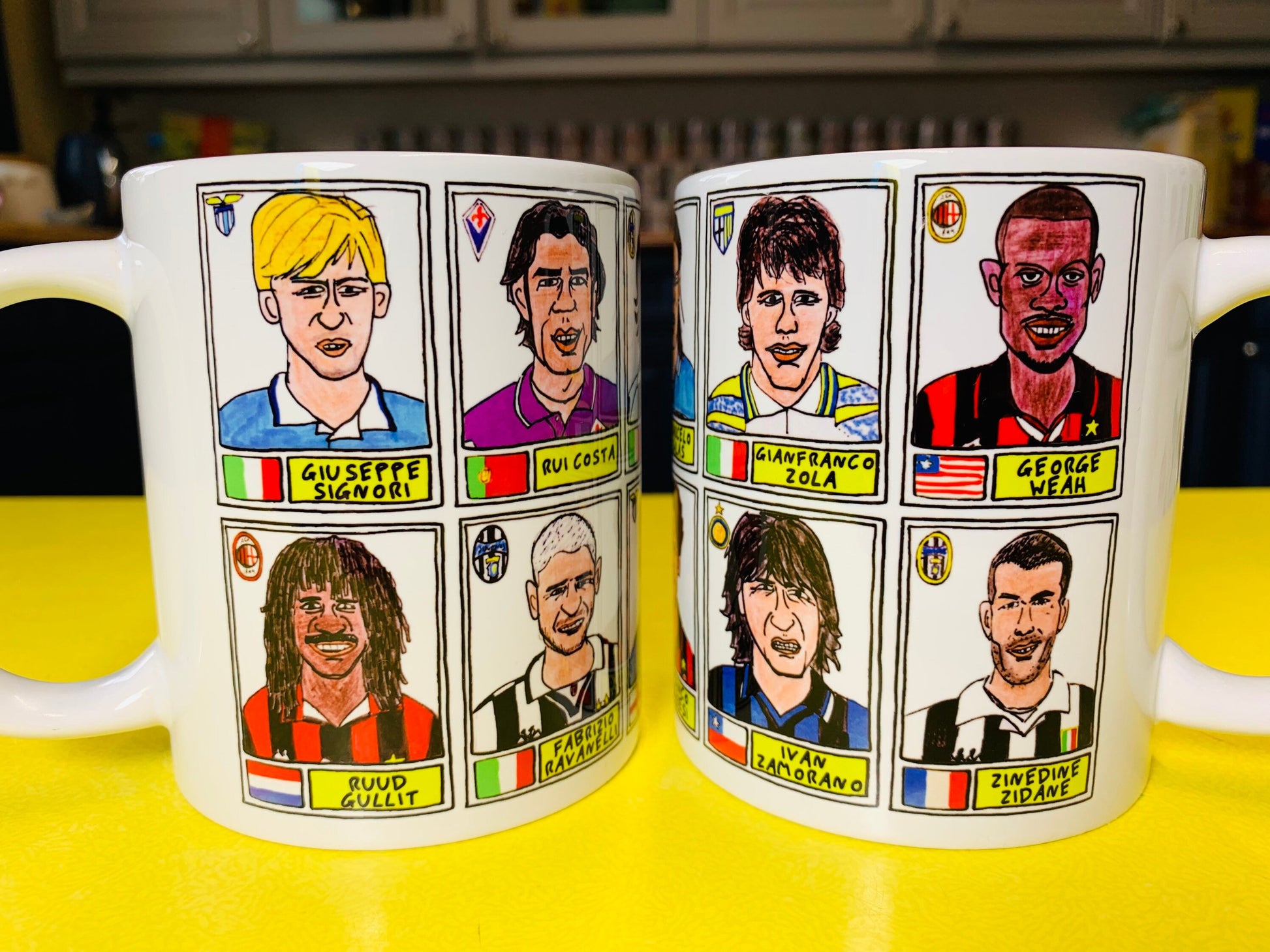 Football Italia No Score Draws Mug Set - Set of TWO 11oz Ceramic Mugs with Wonky Panini sticker-style 90s Serie 'A' No Score Draws Doodles