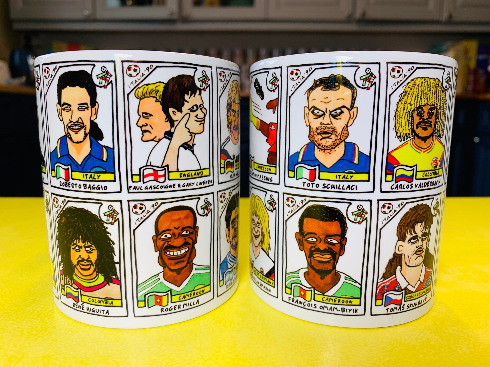 Italia '90 No Score Draws Mug Set - Set of TWO 11oz Ceramic Mugs with Wonky Panini sticker-style World Cup Italia '90 No Score Draws Doodles