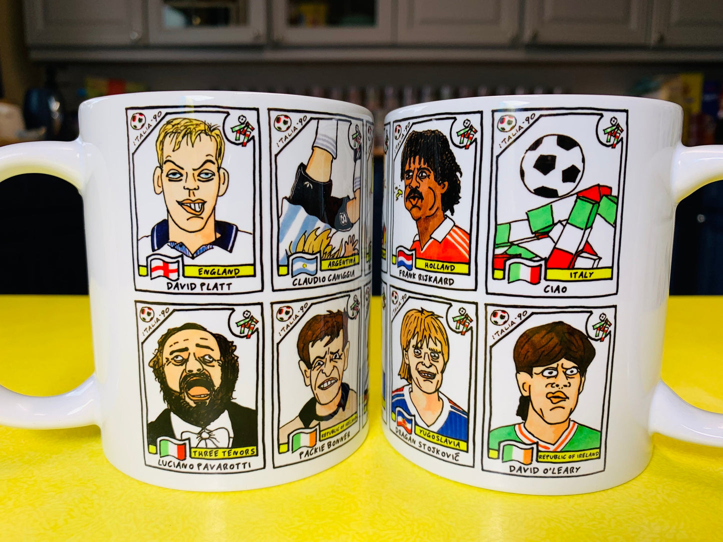 Italia '90 No Score Draws Mug Set - Set of TWO 11oz Ceramic Mugs with Wonky Panini sticker-style World Cup Italia '90 No Score Draws Doodles