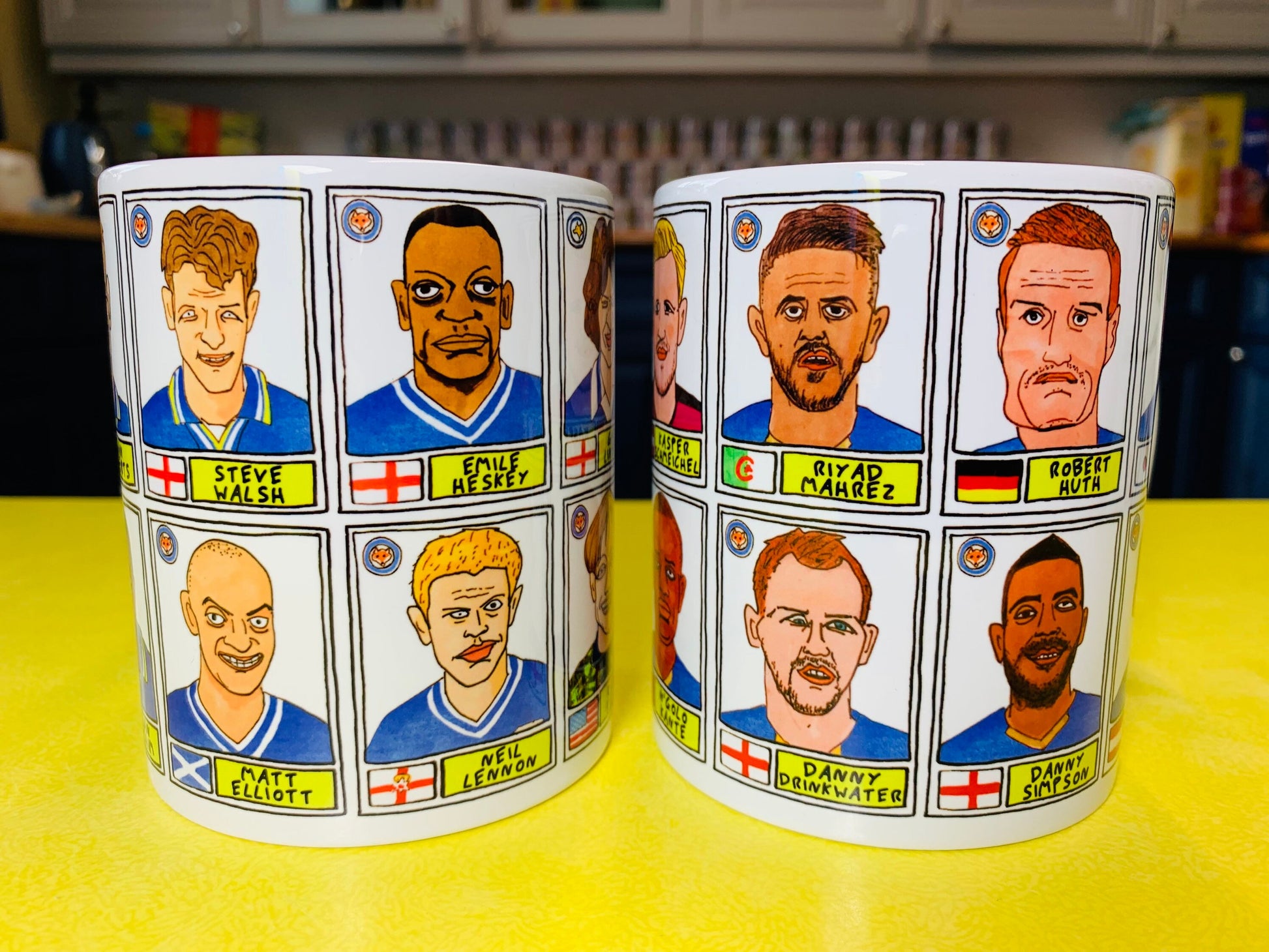 Leicester City No Score Draws Mug Set - Set of TWO 11oz Ceramic Mugs with Wonky Panini sticker-style No Score Draws Doodles of Foxes icons