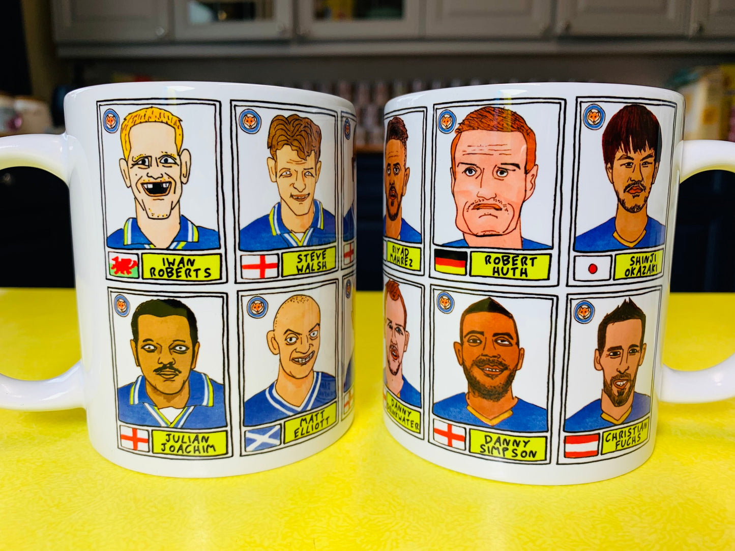 Leicester City No Score Draws Mug Set - Set of TWO 11oz Ceramic Mugs with Wonky Panini sticker-style No Score Draws Doodles of Foxes icons