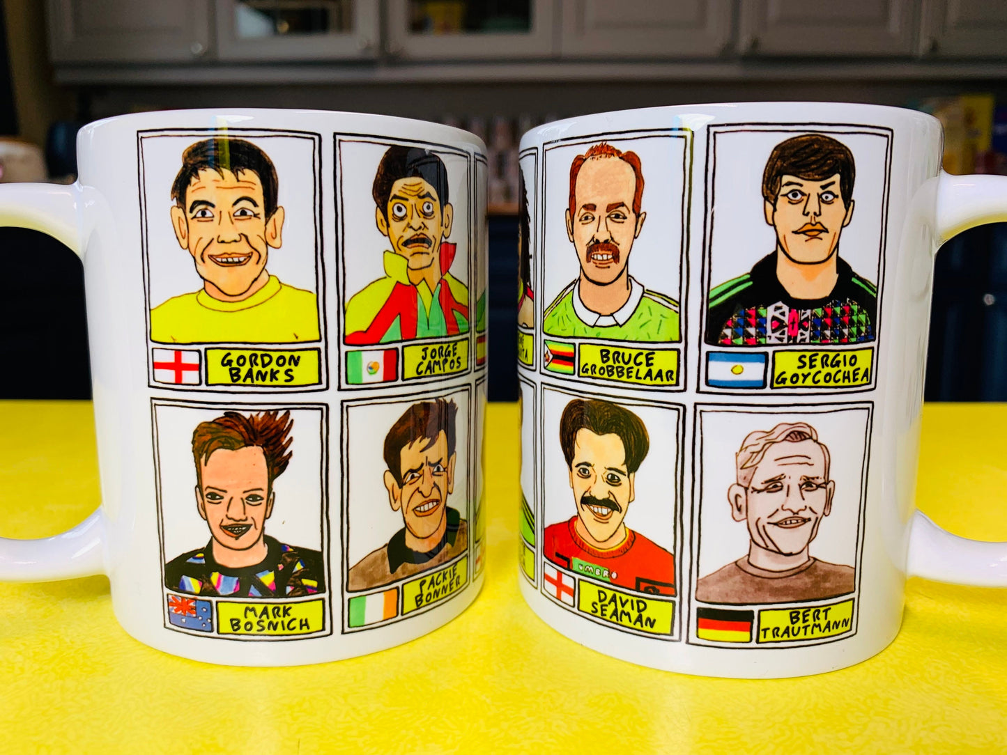 Goalkeeping Icons No Score Draws Mug Set - Set of TWO 11oz Ceramic Mugs with Wonky Panini sticker-style No Score Draws Doodles of GK icons
