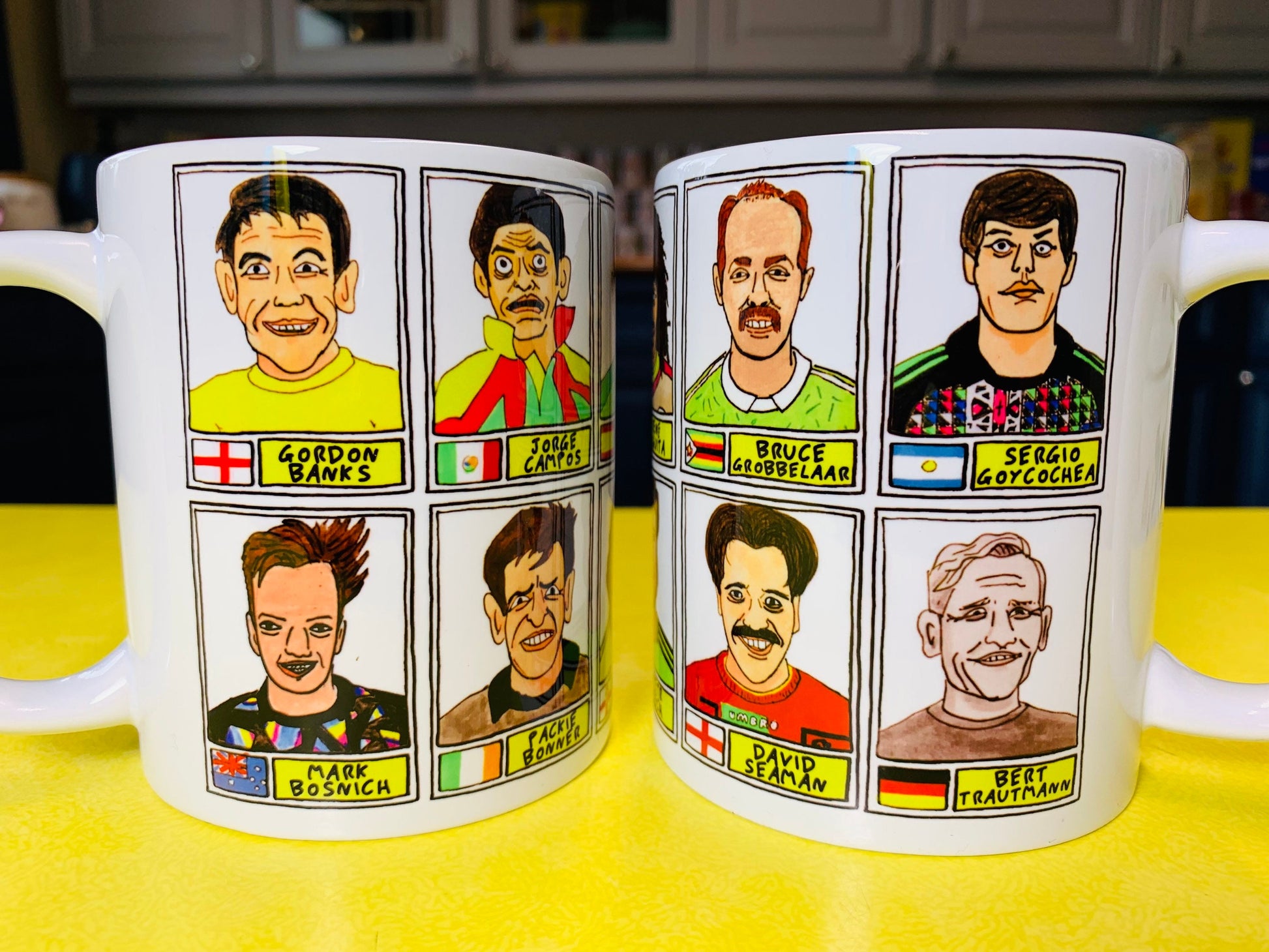 Goalkeeping Icons No Score Draws Mug Set - Set of TWO 11oz Ceramic Mugs with Wonky Panini sticker-style No Score Draws Doodles of GK icons