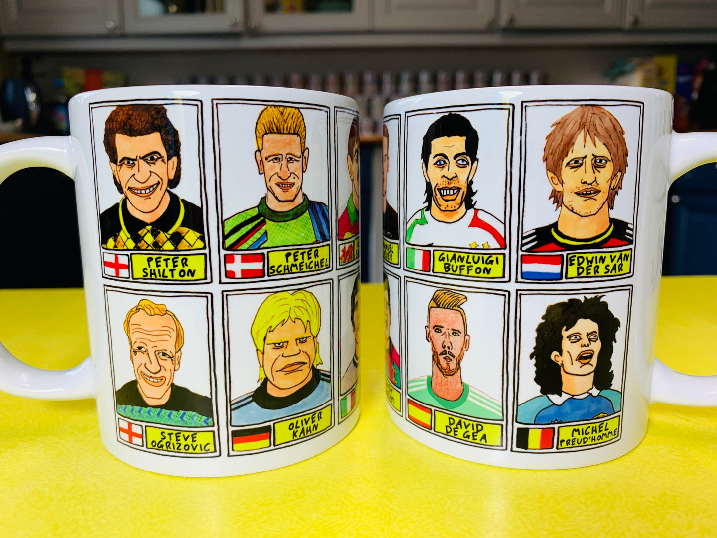 Goalkeeping Icons No Score Draws Mug Set - Set of TWO 11oz Ceramic Mugs with Wonky Panini sticker-style No Score Draws Doodles of GK icons