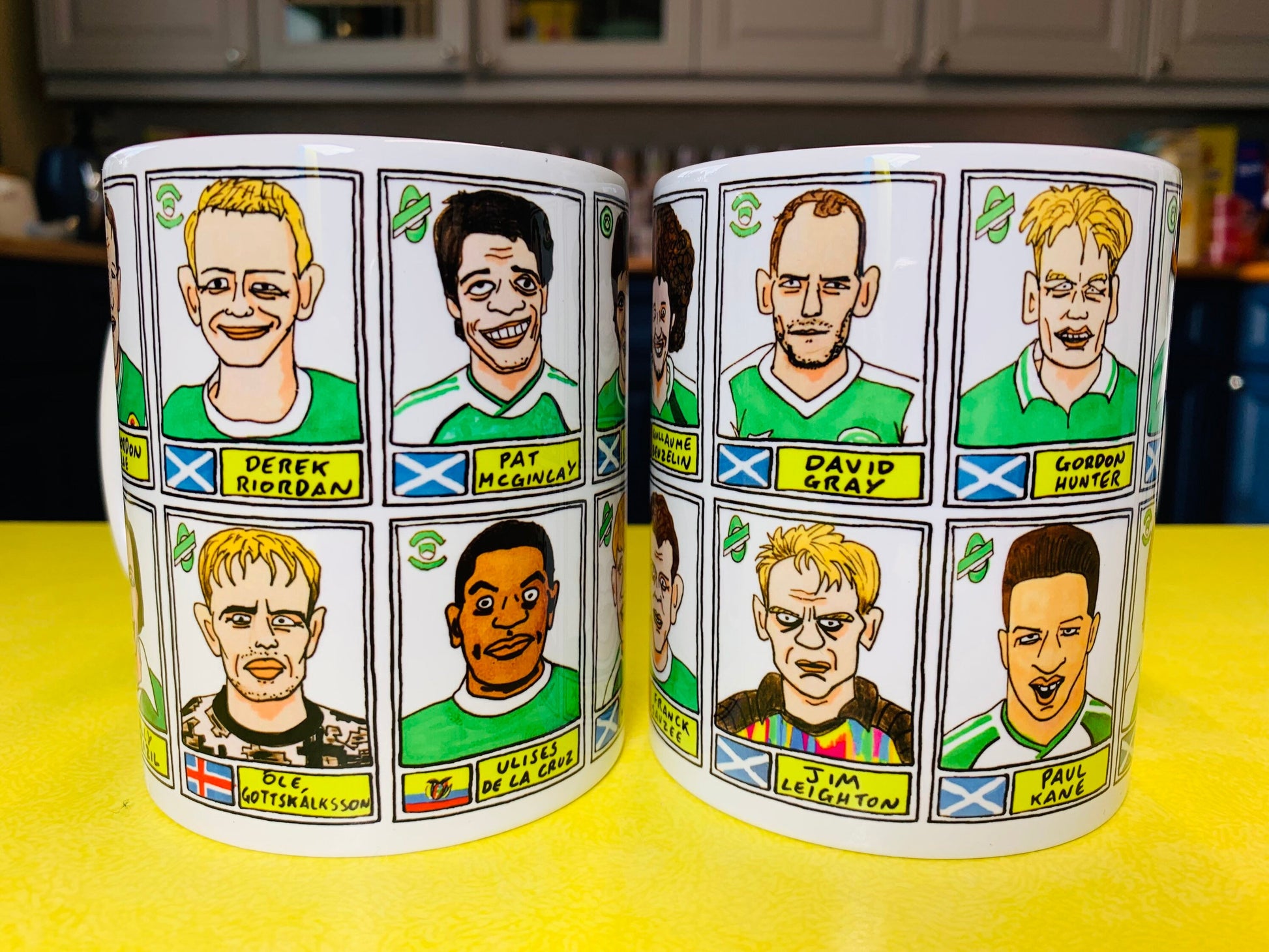 Hibs No Score Draws Mug Set - Set of TWO 11oz Ceramic Mugs with Wonky Panini sticker-style No Score Draws Doodles of 24 Hibernian icons