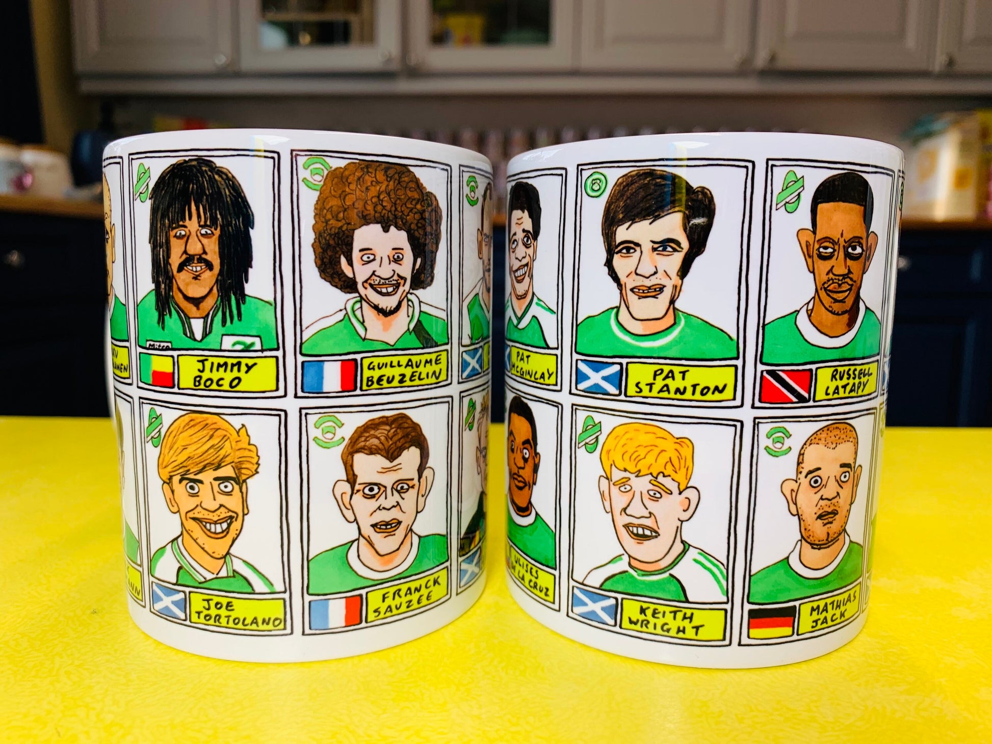 Hibs No Score Draws Mug Set - Set of TWO 11oz Ceramic Mugs with Wonky Panini sticker-style No Score Draws Doodles of 24 Hibernian icons