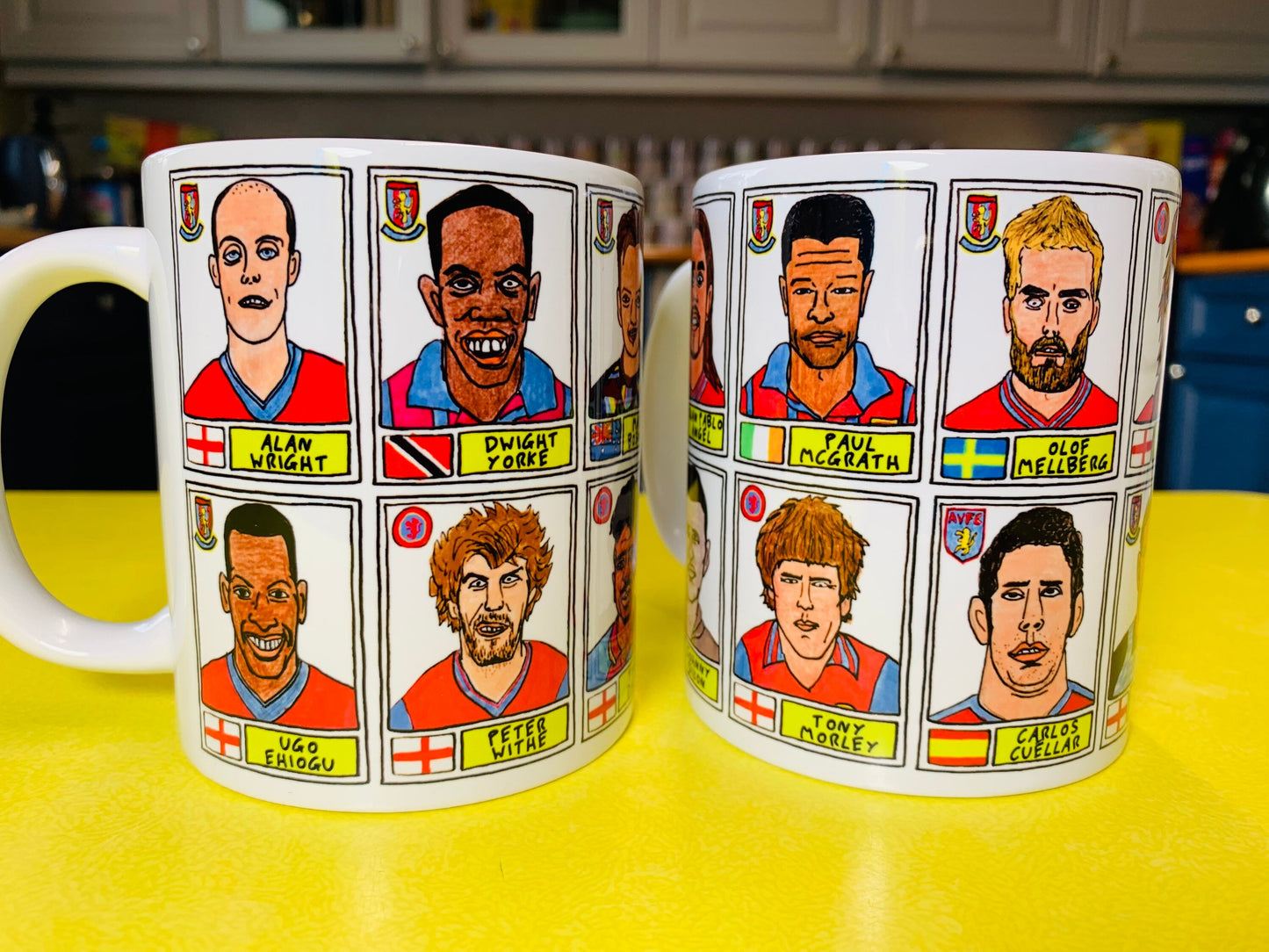 Aston Villa No Score Draws Mug Set - Set of TWO 11oz Ceramic Mugs with Wonky Panini sticker-style AVFC Villains No Score Draws Doodles