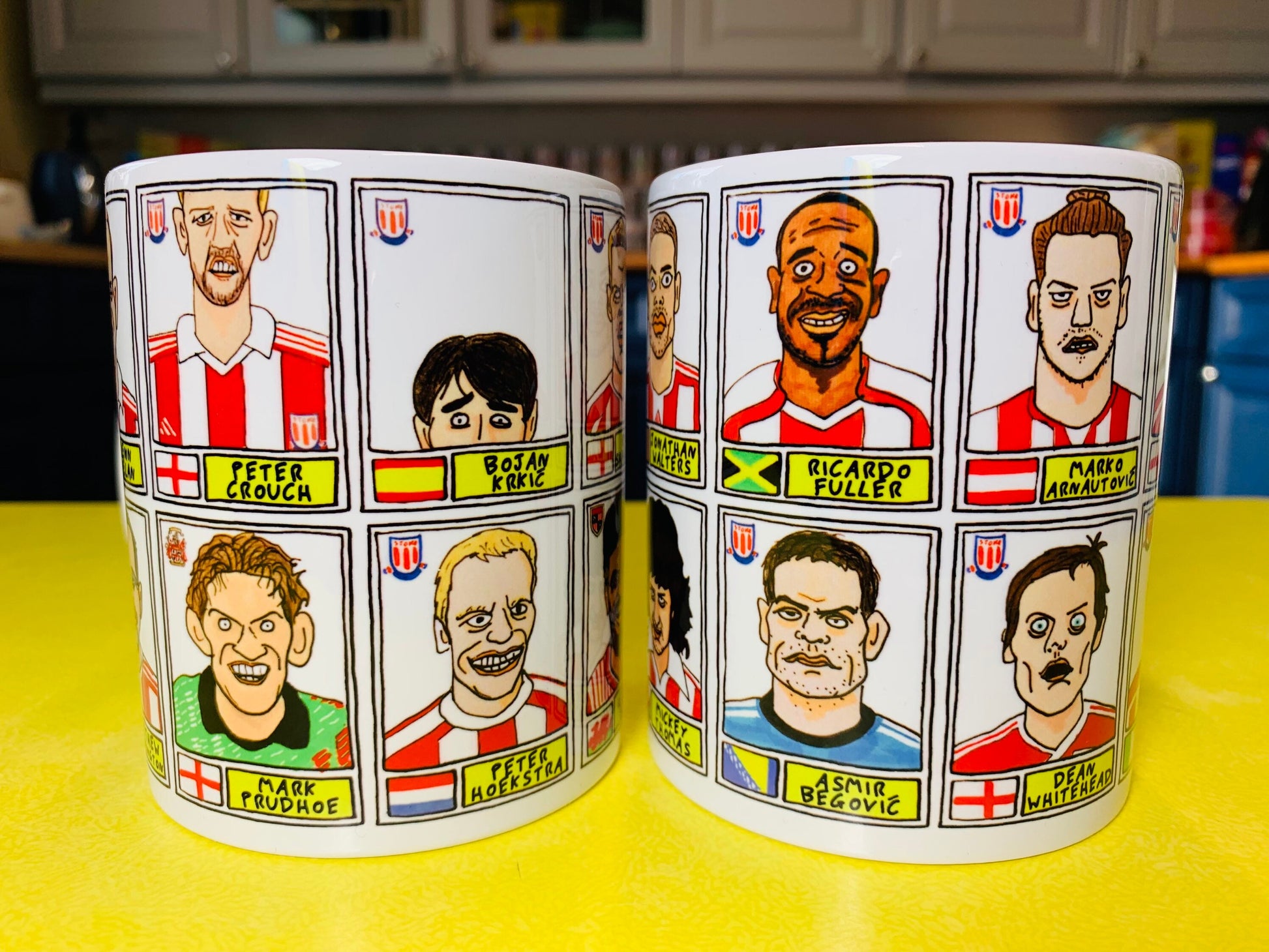 Stoke City No Score Draws Mug Set - Set of TWO 11oz Ceramic Mugs with Wonky Panini sticker-style No Score Draws Doodles of 24 Potters icons