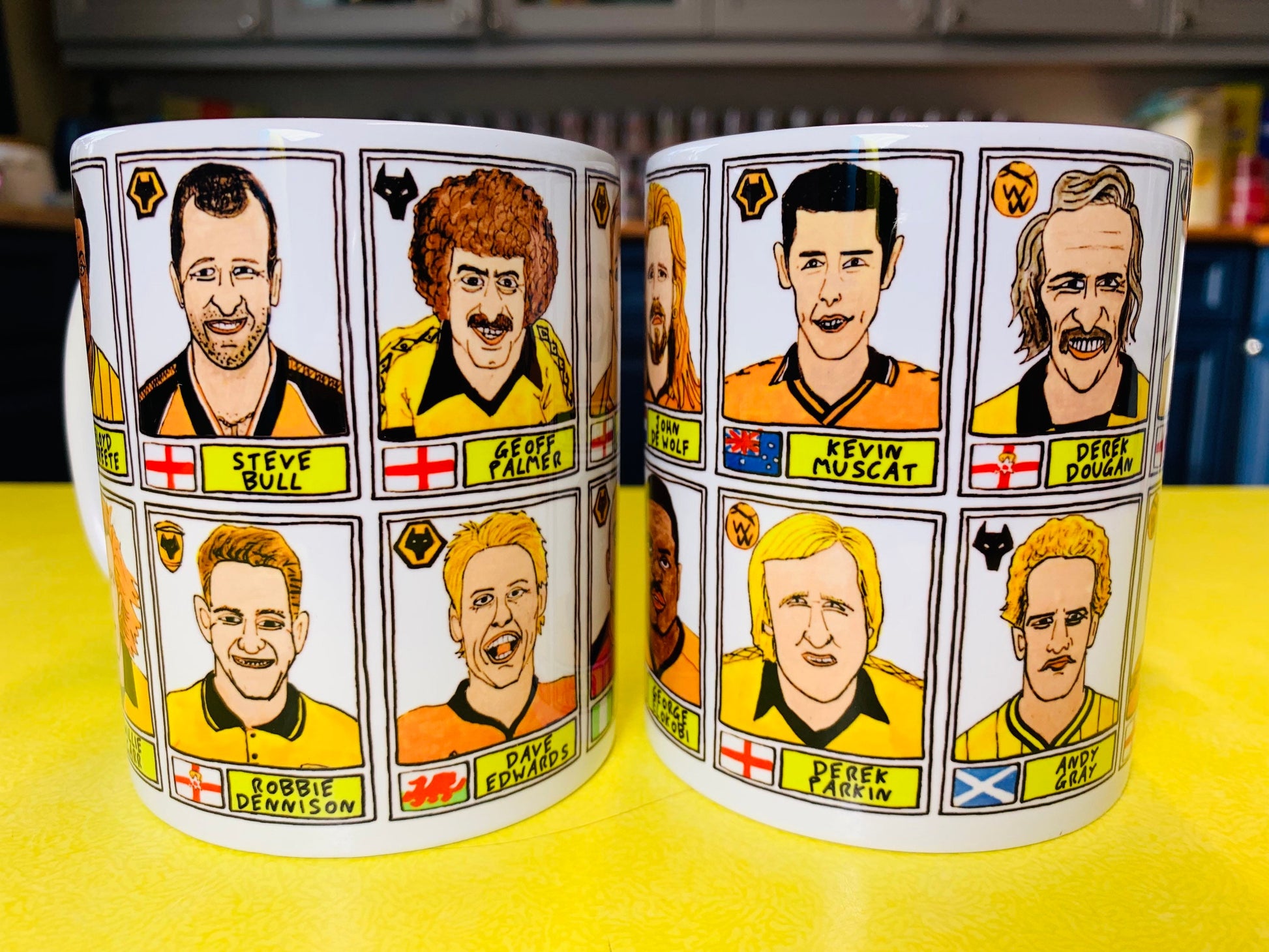 Wolves No Score Draws Mug Set - Set of TWO 11oz Ceramic Mugs with Wonky Panini sticker-style WWFC No Score Draws Doodles