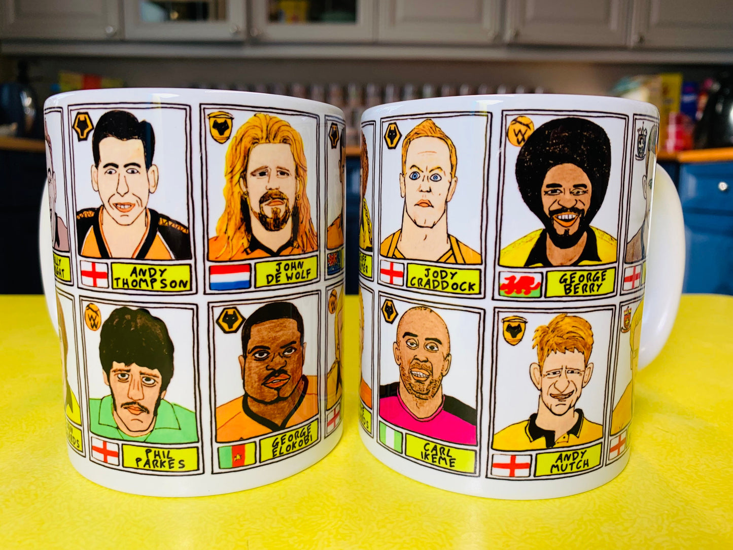 Wolves No Score Draws Mug Set - Set of TWO 11oz Ceramic Mugs with Wonky Panini sticker-style WWFC No Score Draws Doodles