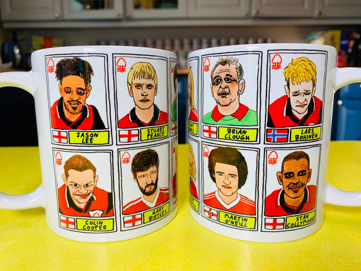 Nottingham Forest - Set of TWO 11oz Ceramic Mugs with Wonky Panini sticker-style No Score Draws Doodles of 24 NFFC icons