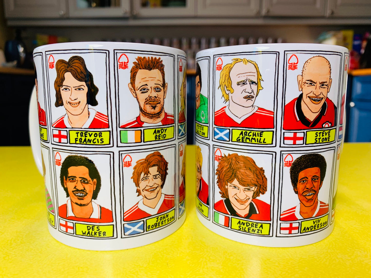 Nottingham Forest - Set of TWO 11oz Ceramic Mugs with Wonky Panini sticker-style No Score Draws Doodles of 24 NFFC icons