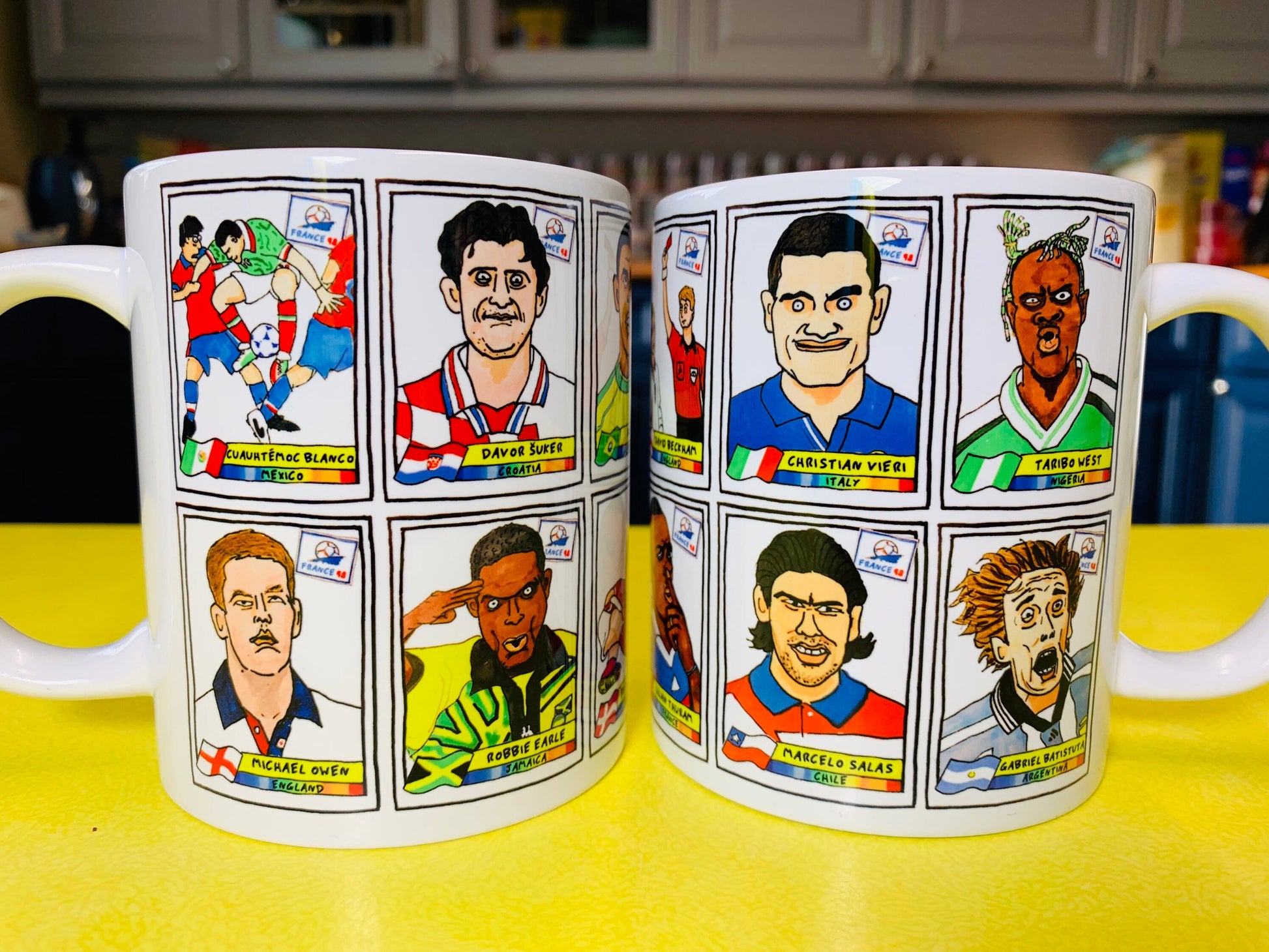 France '98 No Score Draws Mug Set - Set of TWO 11oz Ceramic Mugs with Wonky Panini sticker-style World Cup France '98 No Score Draws Doodles