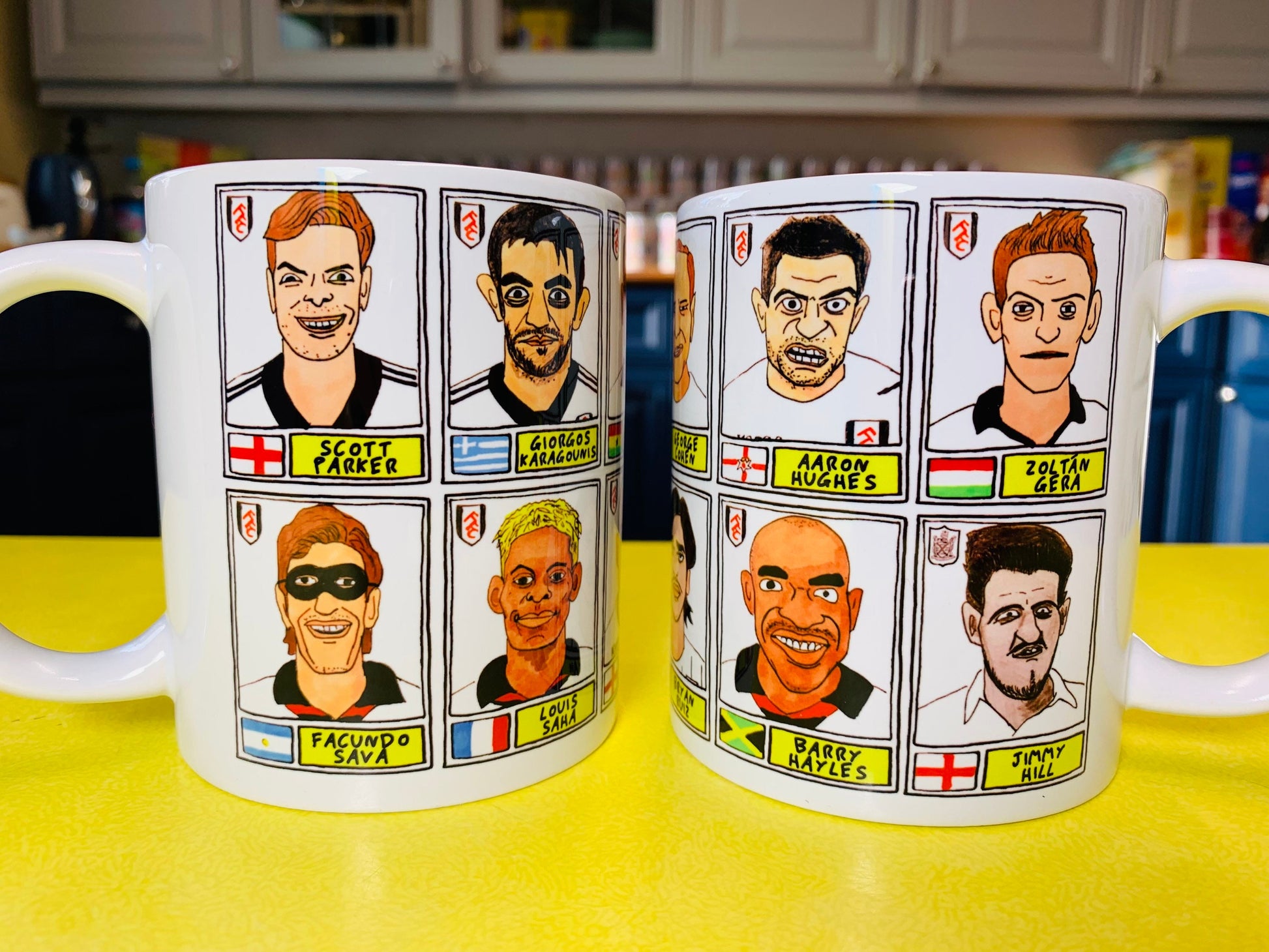 Fulham No Score Draws Mug Set - Set of TWO 11oz Ceramic Mugs with Wonky Panini sticker-style Cottagers FFC No Score Draws Doodles