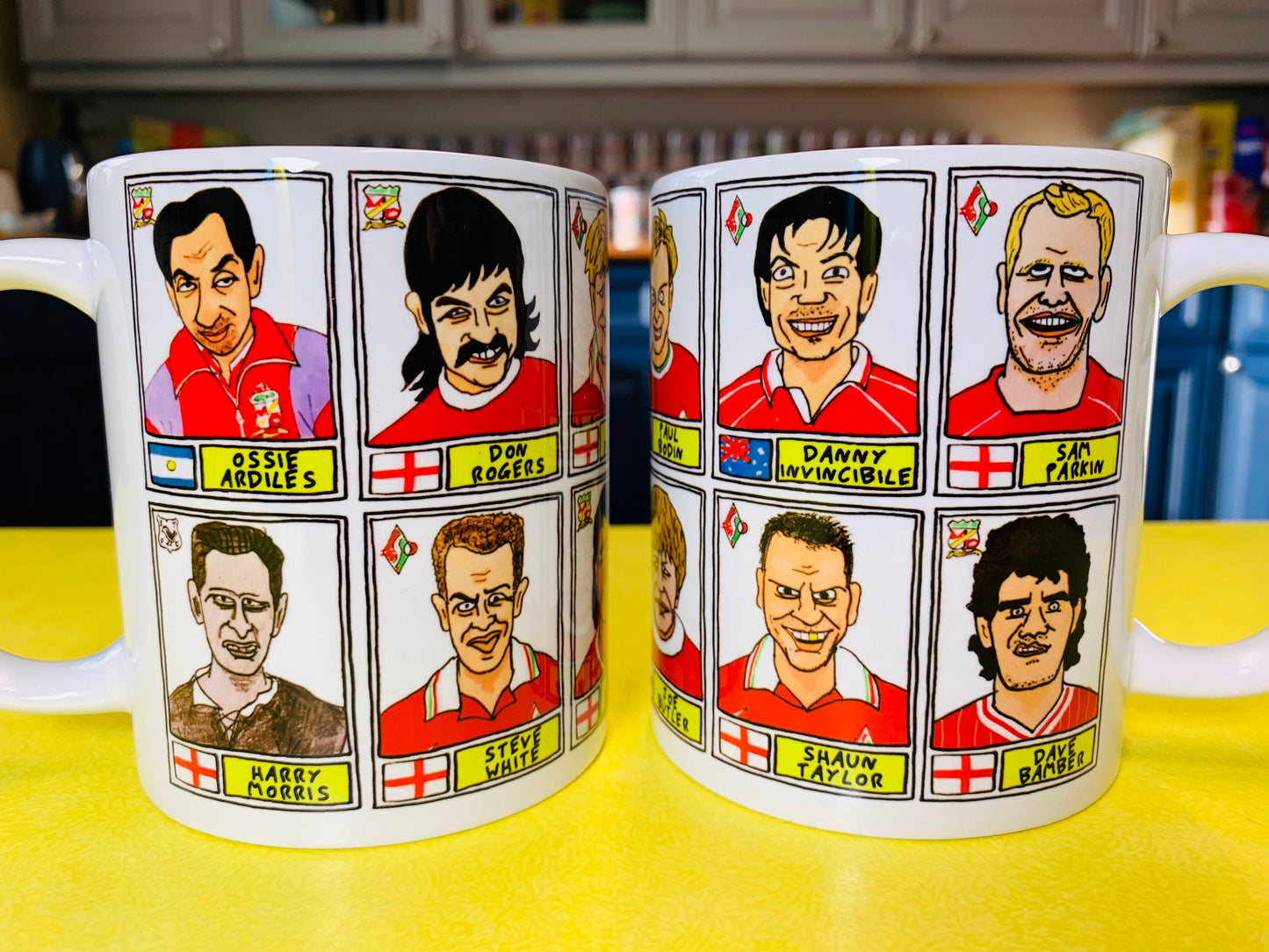 Swindon Town No Score Draws Mug Set - Set of TWO 11oz Ceramic Mugs with Wonky Panini sticker-style No Score Draws Doodles of 24 STFC icons