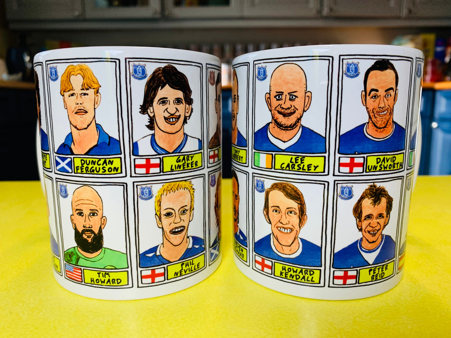 Everton - Set of TWO 11oz Ceramic Mugs with Wonky Panini sticker-style No Score Draws Doodles of 24 Toffees EFC icons