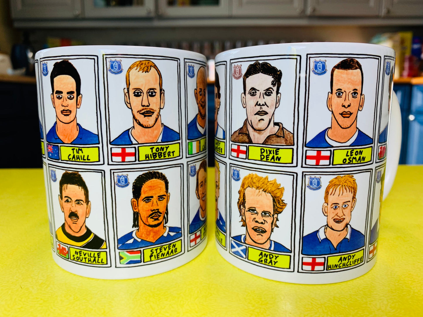 Everton - Set of TWO 11oz Ceramic Mugs with Wonky Panini sticker-style No Score Draws Doodles of 24 Toffees EFC icons