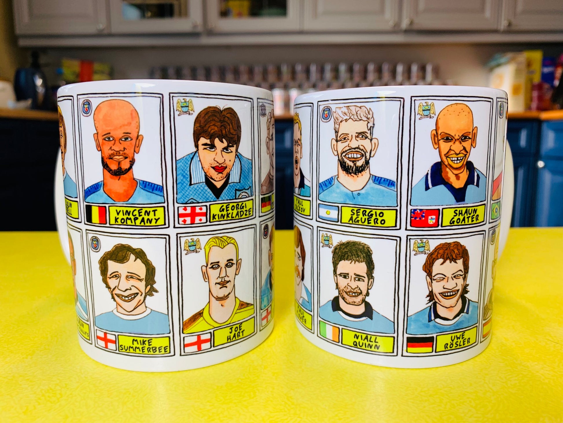 Man City No Score Draws Mug Set - Set of TWO 11oz Ceramic Mugs with Wonky Panini sticker-style MCFC Manchester City No Score Draws Doodles