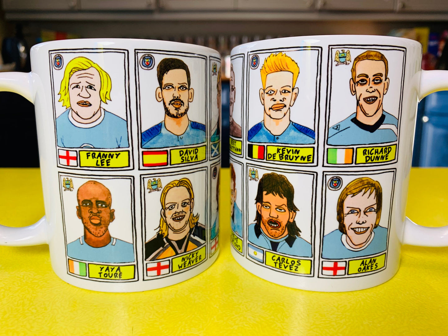 Man City No Score Draws Mug Set - Set of TWO 11oz Ceramic Mugs with Wonky Panini sticker-style MCFC Manchester City No Score Draws Doodles