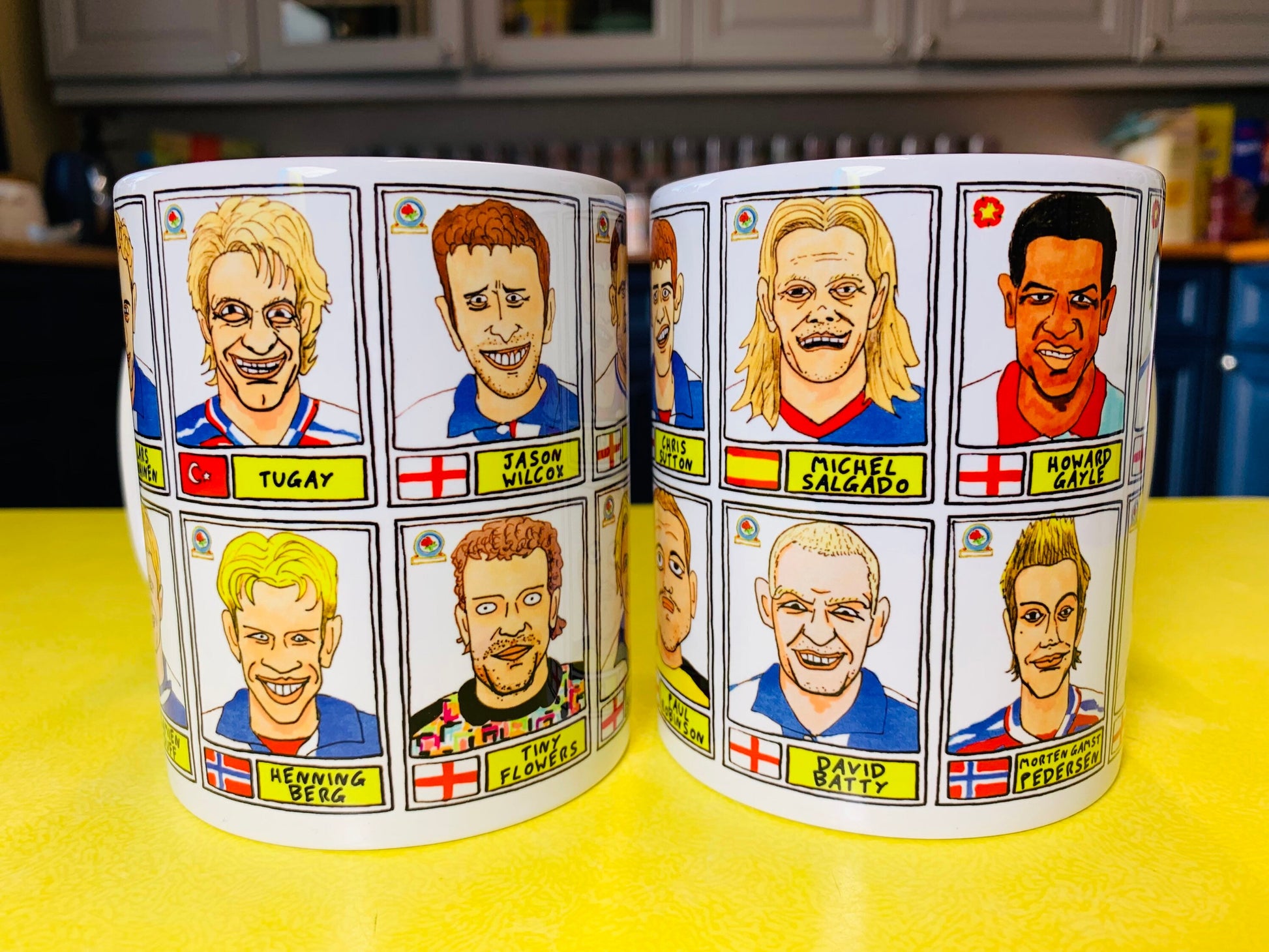 Blackburn Rovers No Score Draws Mug Set - Set of TWO 11oz Ceramic Mugs with Wonky Panini sticker-style Ewood Park No Score Draws Doodles