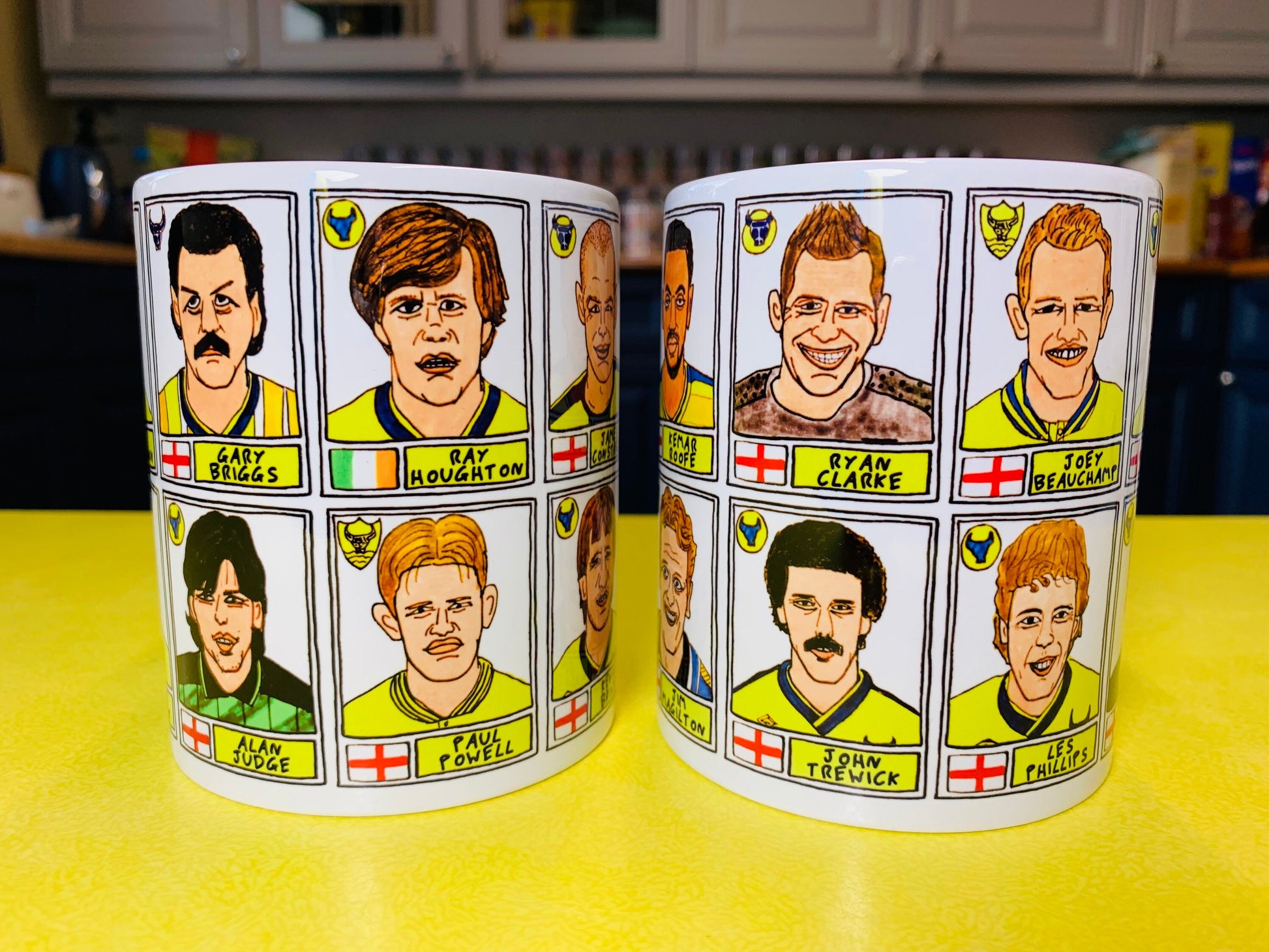 Oxford United No Score Draws Mug Set - Set of TWO 11oz Ceramic Mugs with Wonky Panini sticker-style OUFC Yellows No Score Draws Doodles