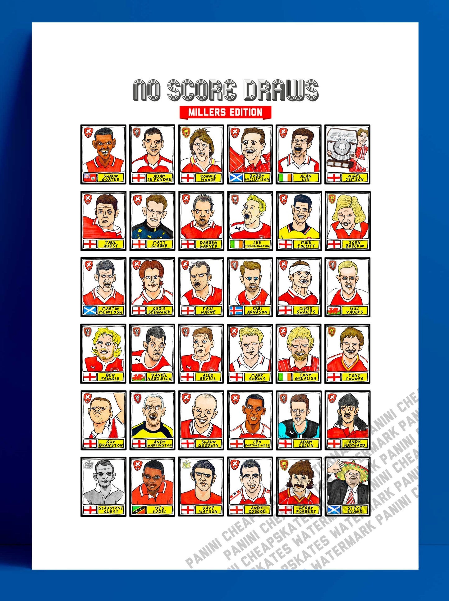 Rotherham United - No Score Draws Millers Edition - A3 print of 36 hand-drawn Panini-style RUFC icons - Wonky cheapskate football art