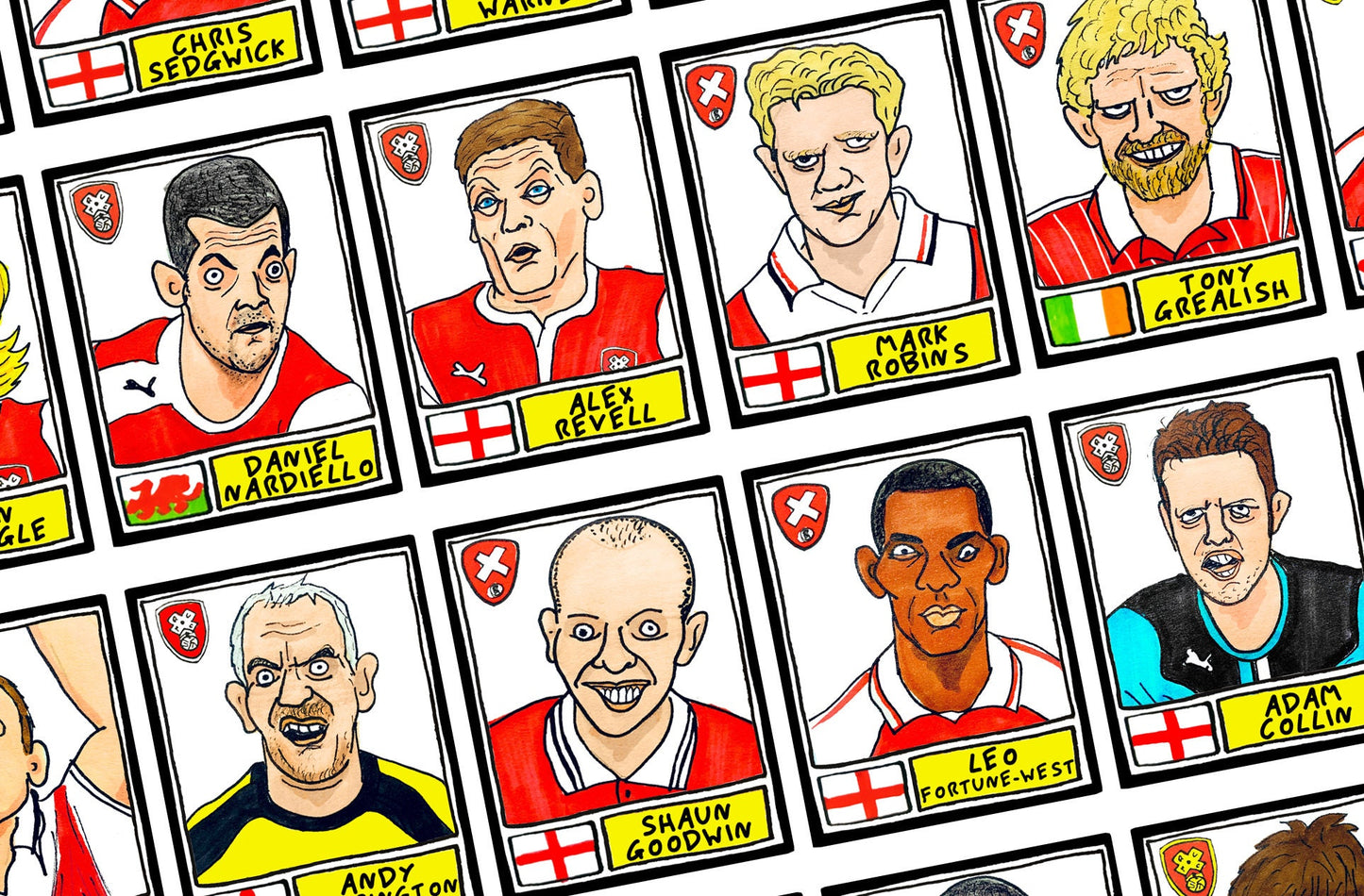 Rotherham United - No Score Draws Millers Edition - A3 print of 36 hand-drawn Panini-style RUFC icons - Wonky cheapskate football art