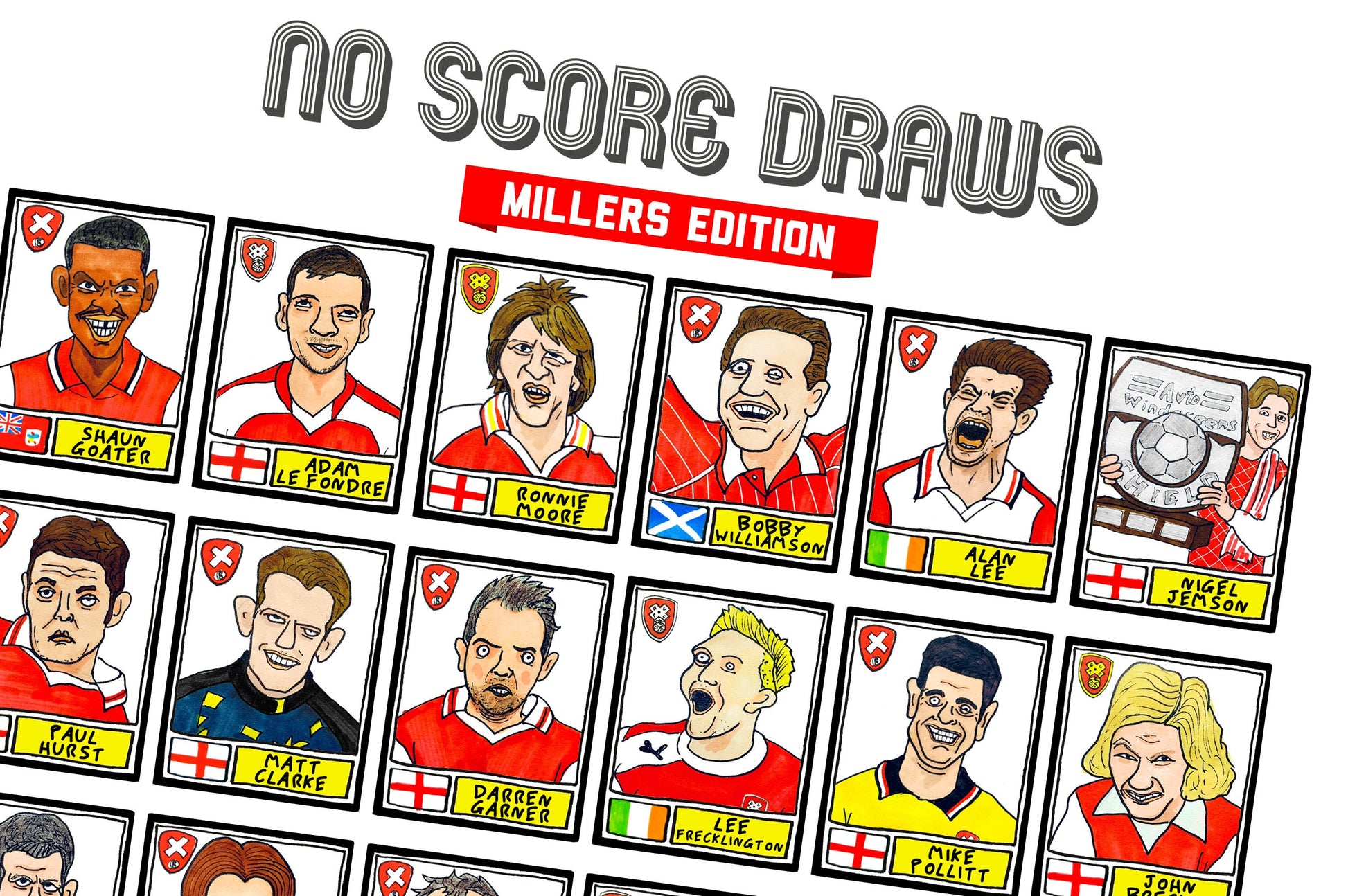 Rotherham United - No Score Draws Millers Edition - A3 print of 36 hand-drawn Panini-style RUFC icons - Wonky cheapskate football art