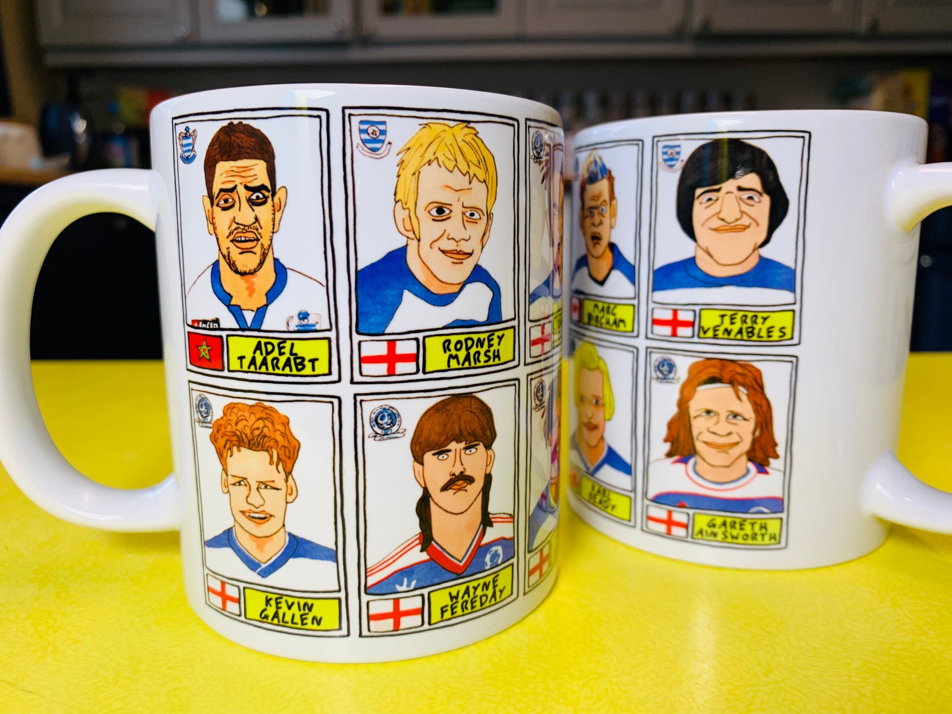 QPR No Score Draws Mug Set - Set of TWO 11oz Ceramic Mugs with Wonky Panini sticker-style Queens Park Rangers No Score Draws Doodles