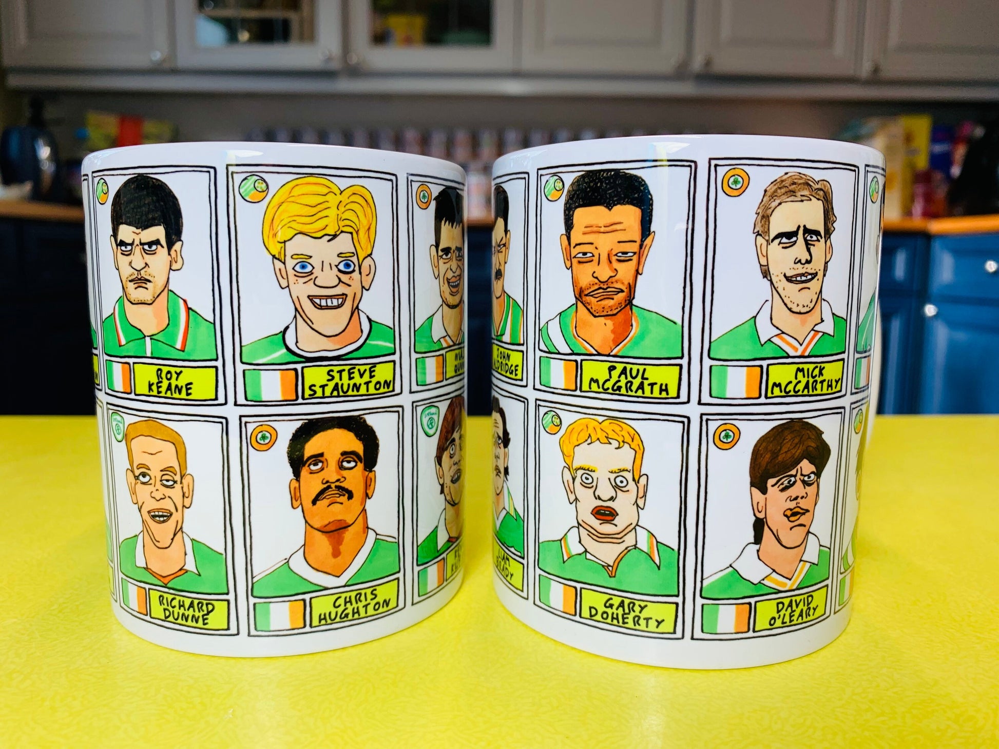 Ireland No Score Draws Mug Set - Set of TWO 11oz Ceramic Mugs with Wonky Panini sticker-style No Score Draws Doodles of 24 Irish icons