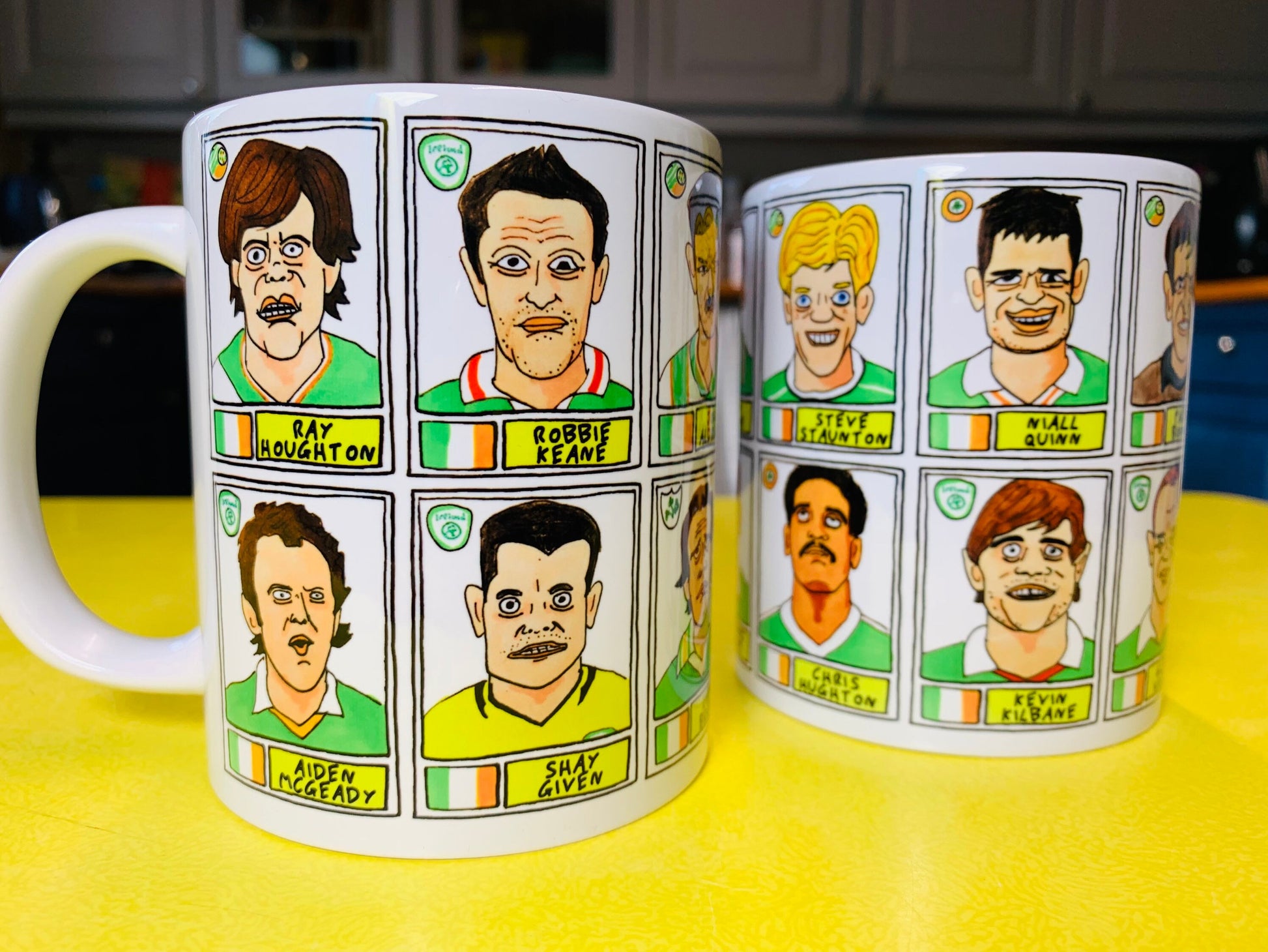 Ireland No Score Draws Mug Set - Set of TWO 11oz Ceramic Mugs with Wonky Panini sticker-style No Score Draws Doodles of 24 Irish icons