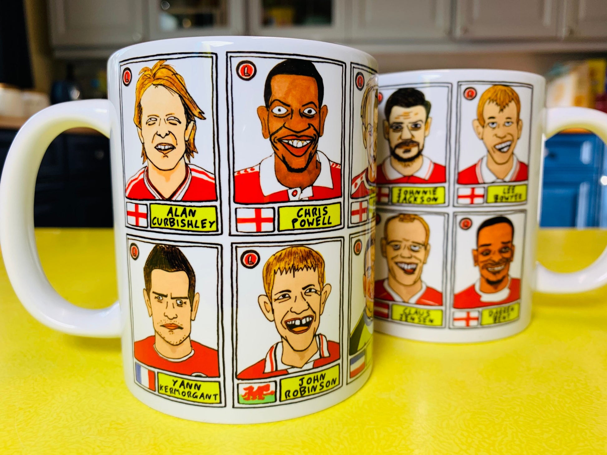 Charlton Athletic No Score Draws Mug Set - Set of TWO 11oz Ceramic Mugs with Wonky Panini sticker-style No Score Draws Doodles of CAFC icons