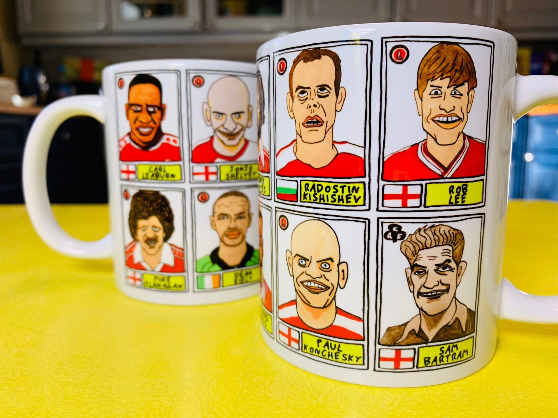 Charlton Athletic No Score Draws Mug Set - Set of TWO 11oz Ceramic Mugs with Wonky Panini sticker-style No Score Draws Doodles of CAFC icons