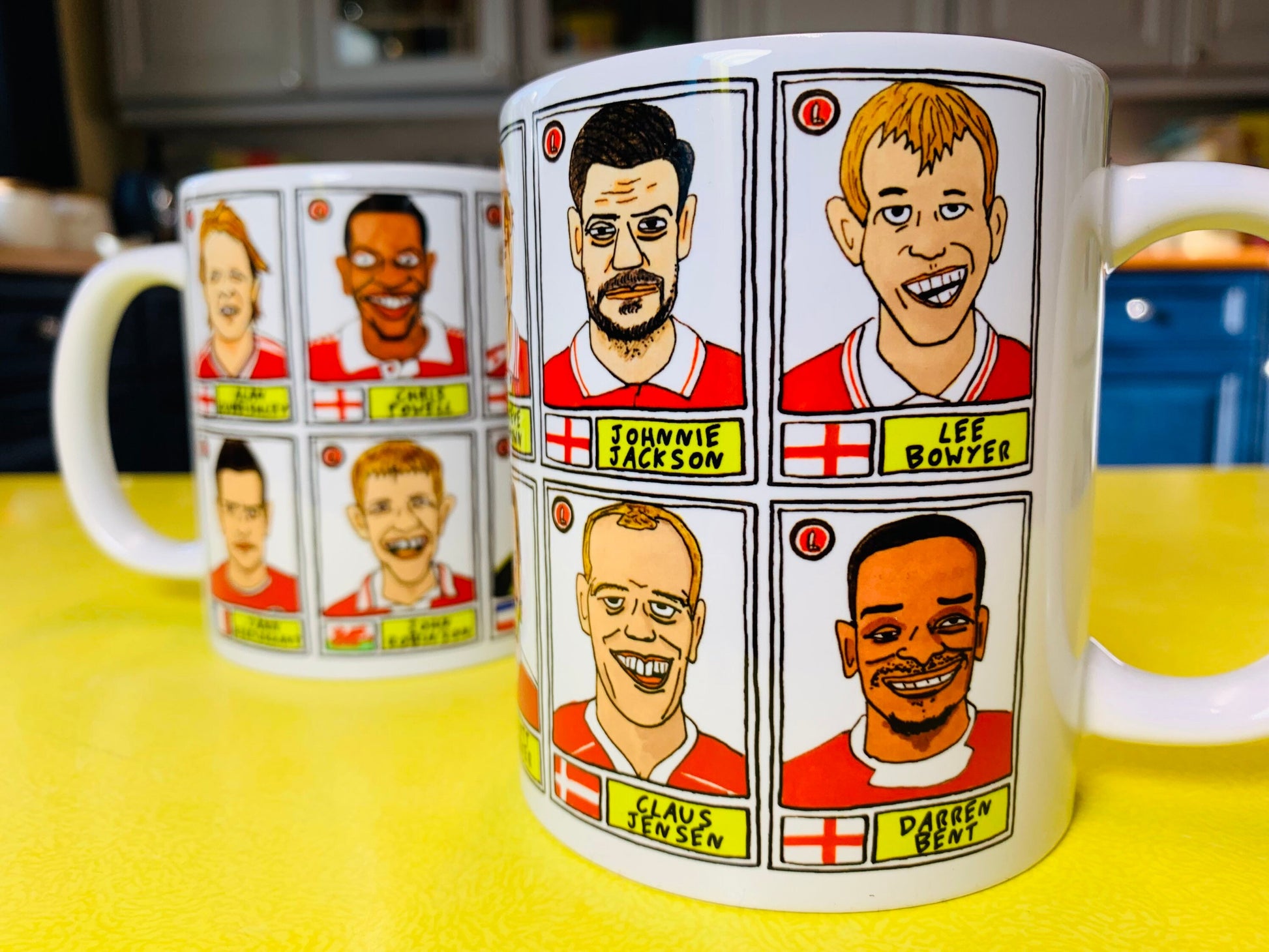 Charlton Athletic No Score Draws Mug Set - Set of TWO 11oz Ceramic Mugs with Wonky Panini sticker-style No Score Draws Doodles of CAFC icons