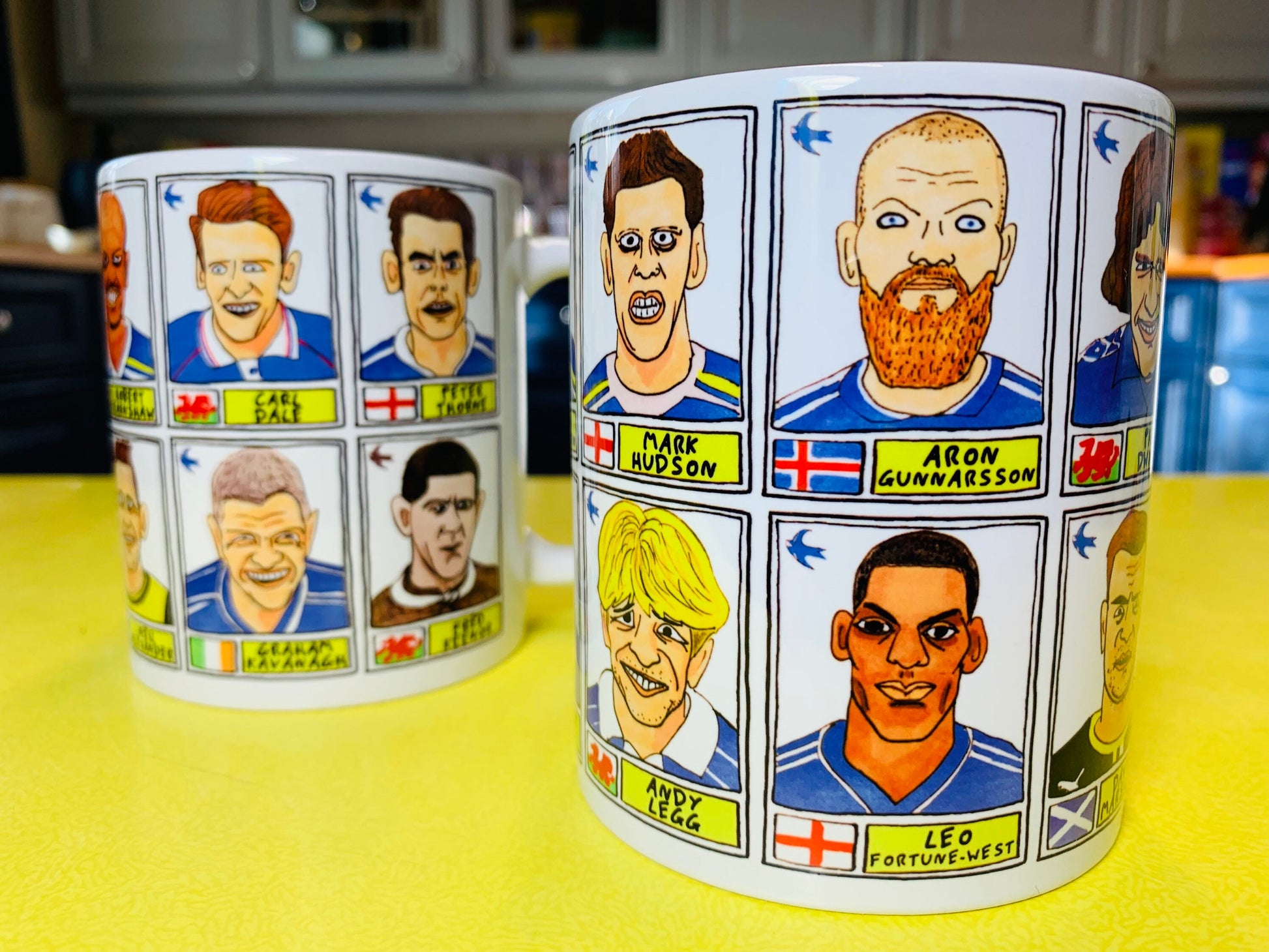 Cardiff City No Score Draws Mug Set - Set of TWO 11oz Ceramic Mugs with Wonky Panini sticker-style Bluebirds CCFC No Score Draws Doodles