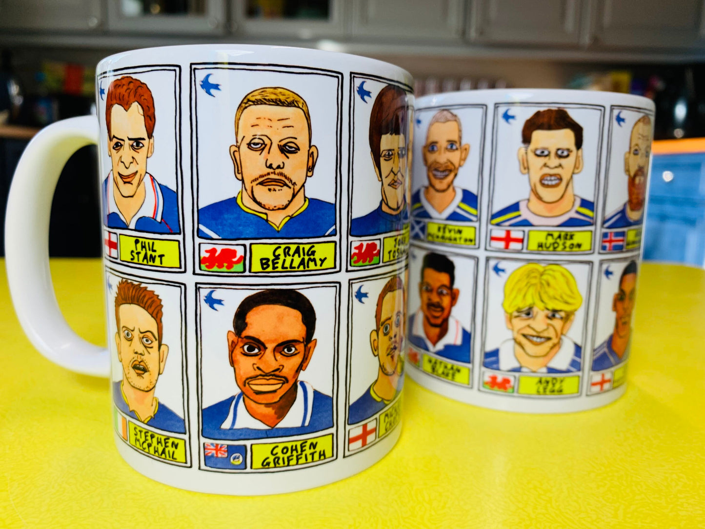 Cardiff City No Score Draws Mug Set - Set of TWO 11oz Ceramic Mugs with Wonky Panini sticker-style Bluebirds CCFC No Score Draws Doodles