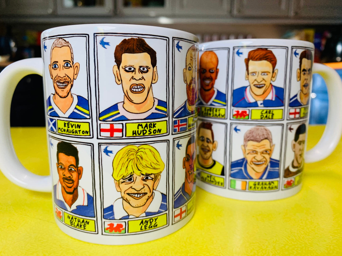 Cardiff City No Score Draws Mug Set - Set of TWO 11oz Ceramic Mugs with Wonky Panini sticker-style Bluebirds CCFC No Score Draws Doodles