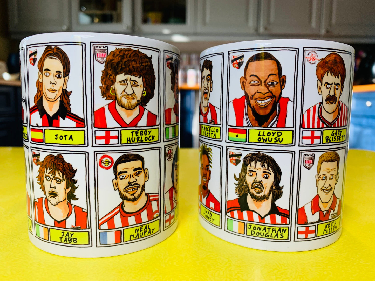 Brentford Vol 1 No Score Draws Mug Set - Set of TWO 11oz Ceramic Mugs with Wonky Panini-sticker-style No Score Draws Doodles Of Bees icons