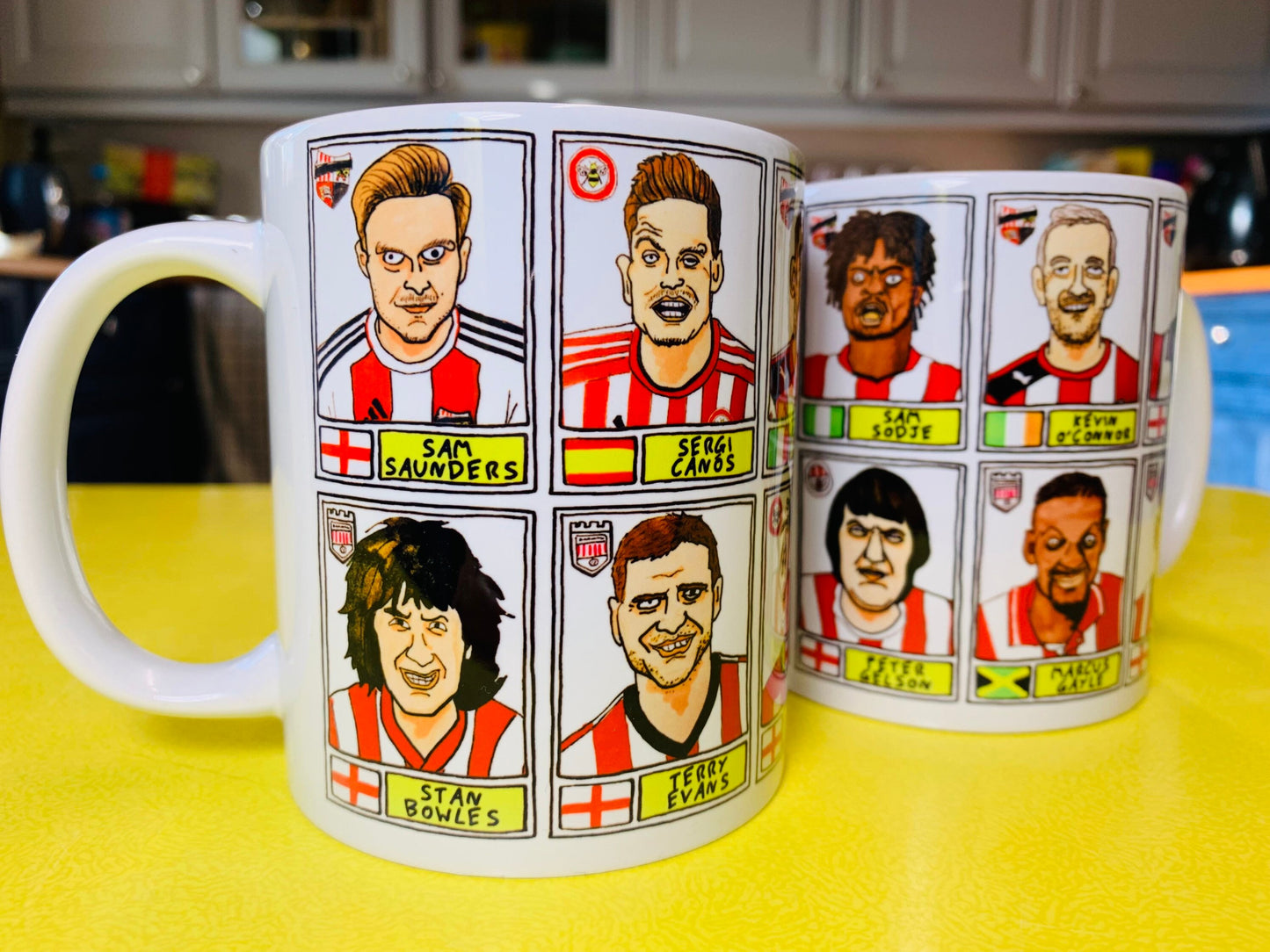 Brentford Vol 1 No Score Draws Mug Set - Set of TWO 11oz Ceramic Mugs with Wonky Panini-sticker-style No Score Draws Doodles Of Bees icons