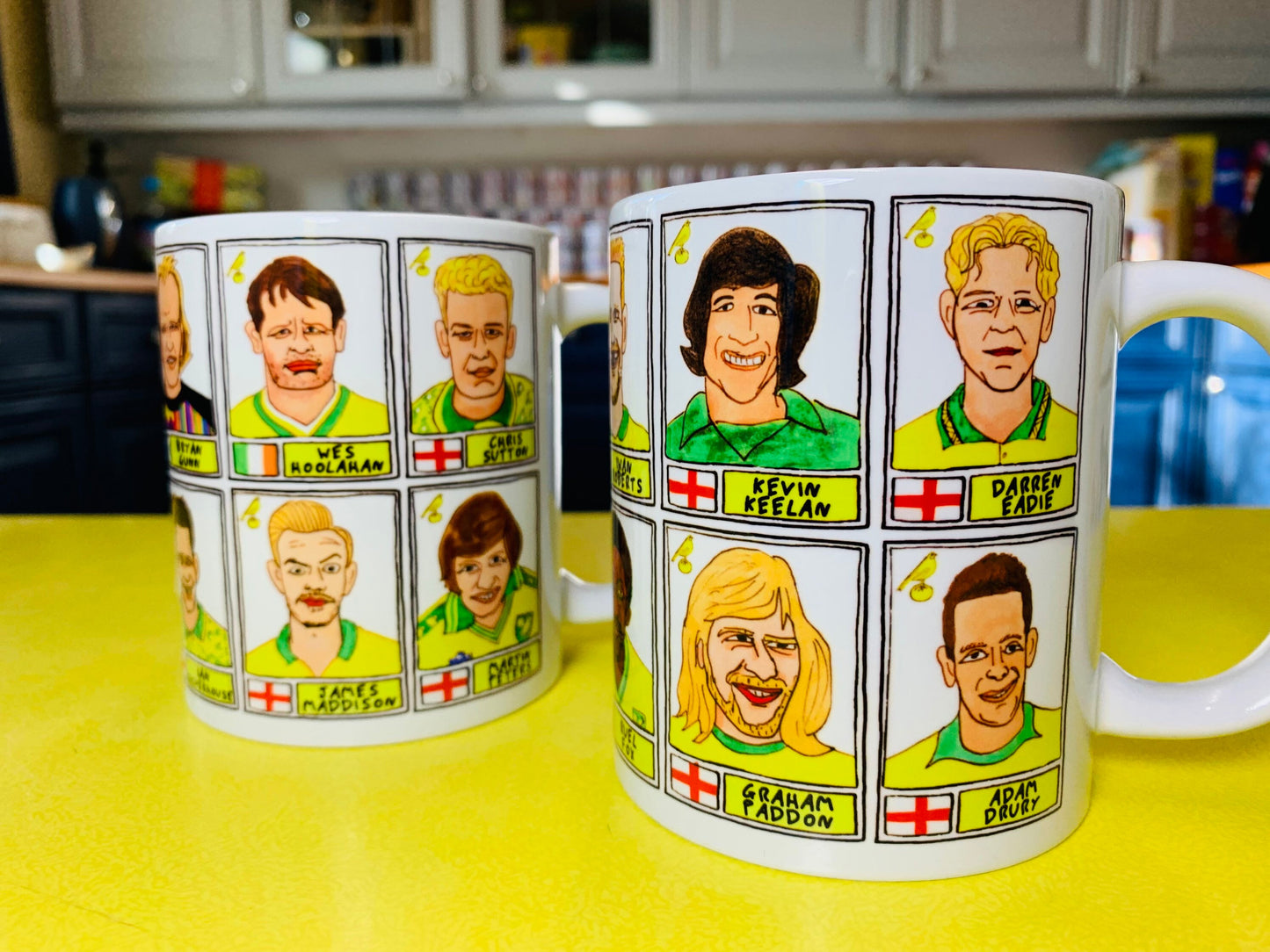 Norwich City Vol 1 No Score Draws Mug Set - Set of TWO 11oz Ceramic Mugs with Wonky Panini-style No Score Draws Doodles of 24 Canaries icons