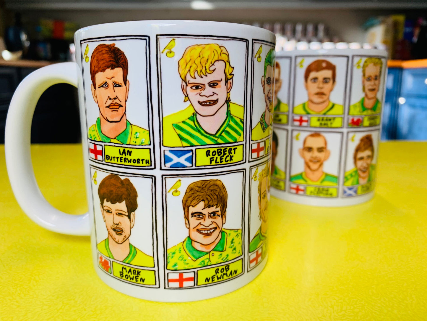 Norwich City Vol 1 No Score Draws Mug Set - Set of TWO 11oz Ceramic Mugs with Wonky Panini-style No Score Draws Doodles of 24 Canaries icons
