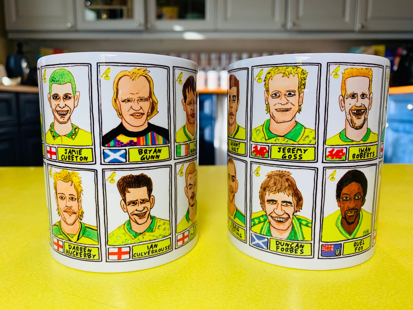 Norwich City Vol 1 No Score Draws Mug Set - Set of TWO 11oz Ceramic Mugs with Wonky Panini-style No Score Draws Doodles of 24 Canaries icons